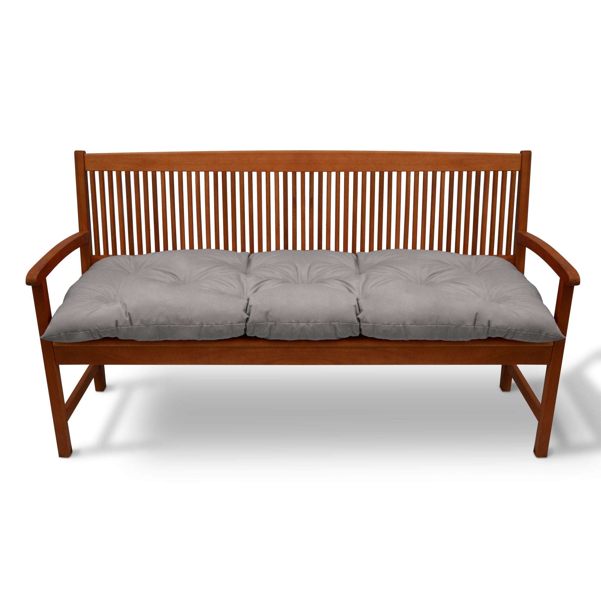 Beautissu Bankauflagen Flair BK seat cushions on wooden bench, gray color, 10 cm thick, stylish and cozy.
