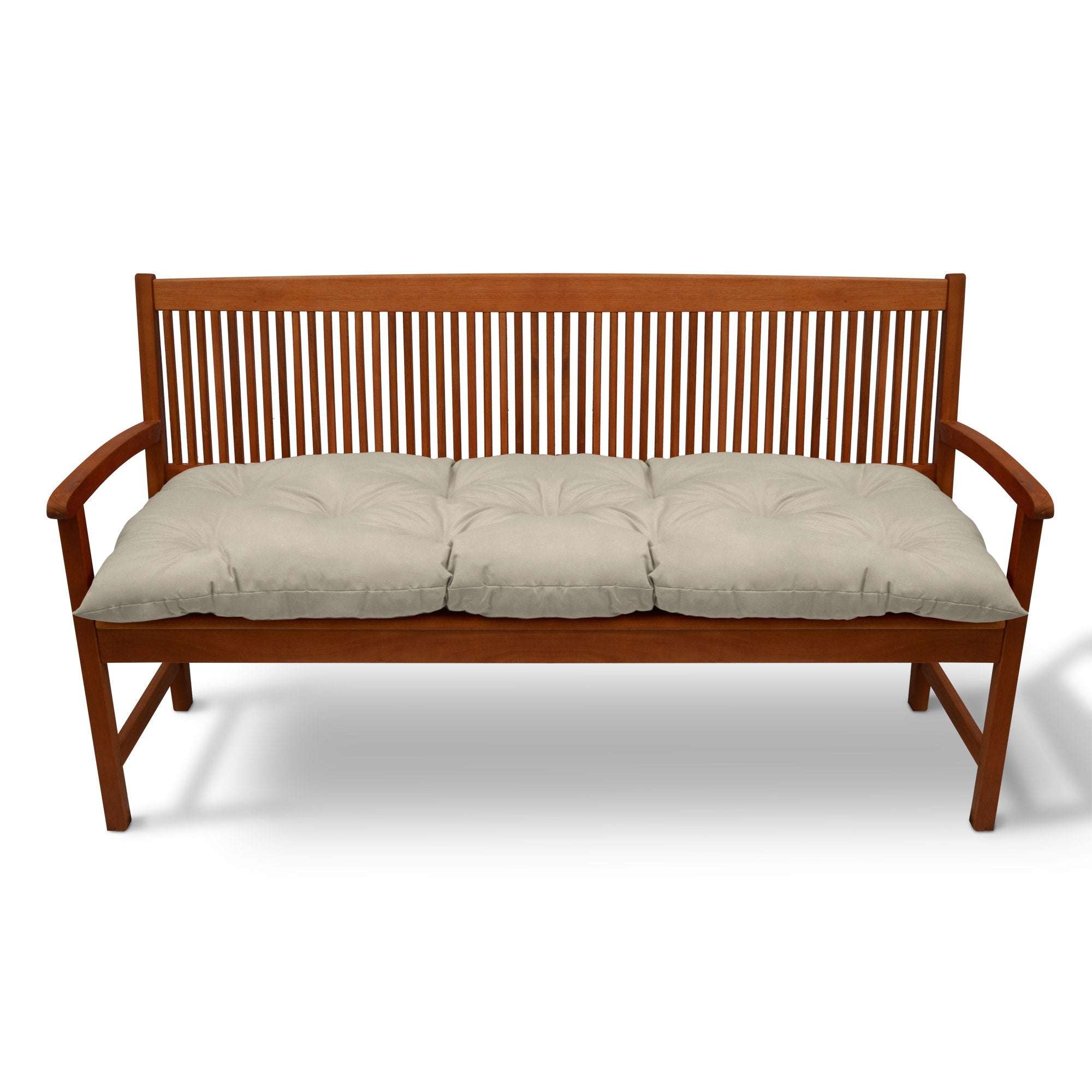 Beautissu Bankauflagen Flair BK seat cushion on wooden bench, 10 cm thick, light color, stylish and comfortable for garden seating.