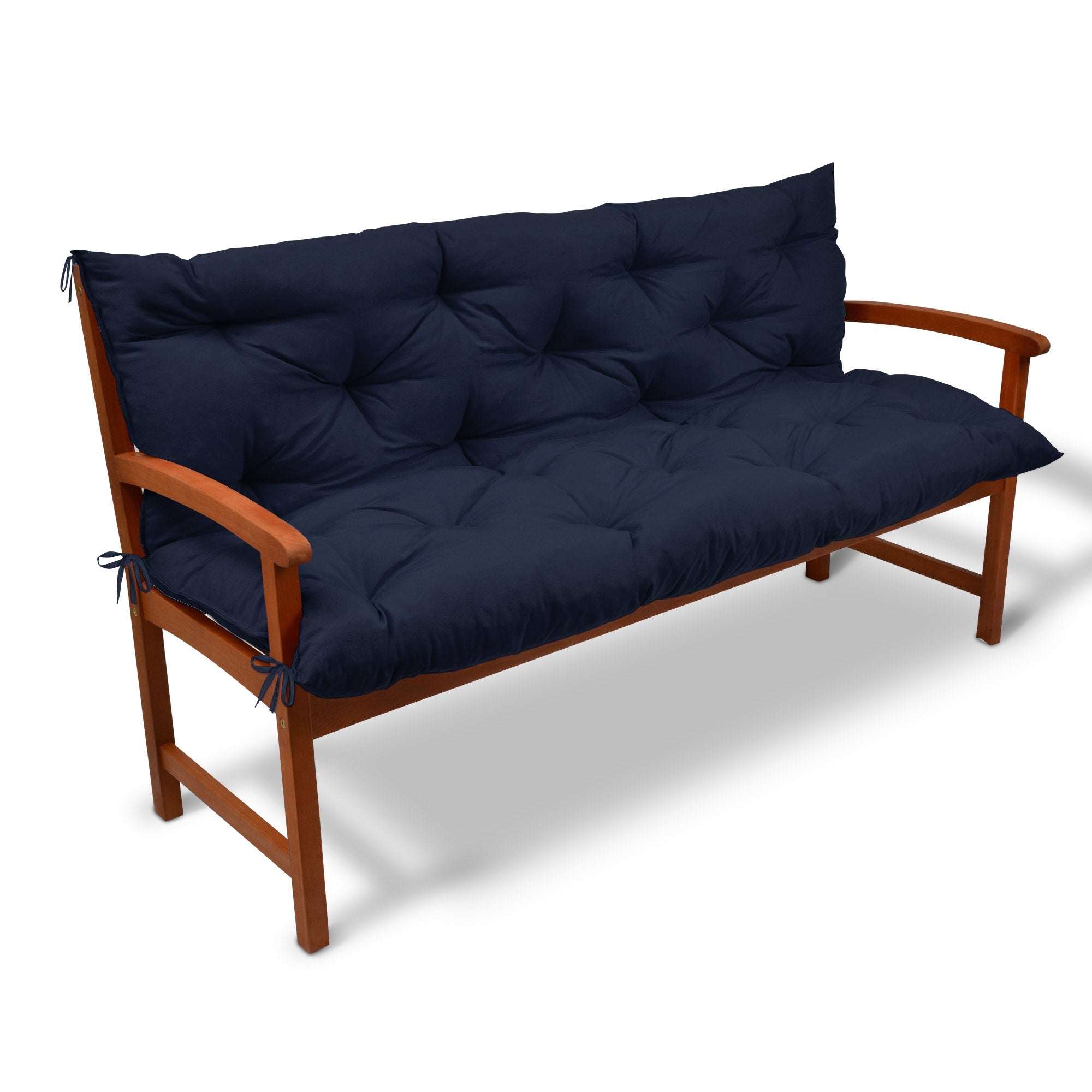 Beautissu Bankauflagen Flair BR seat cushion with backrest in black on wooden bench.