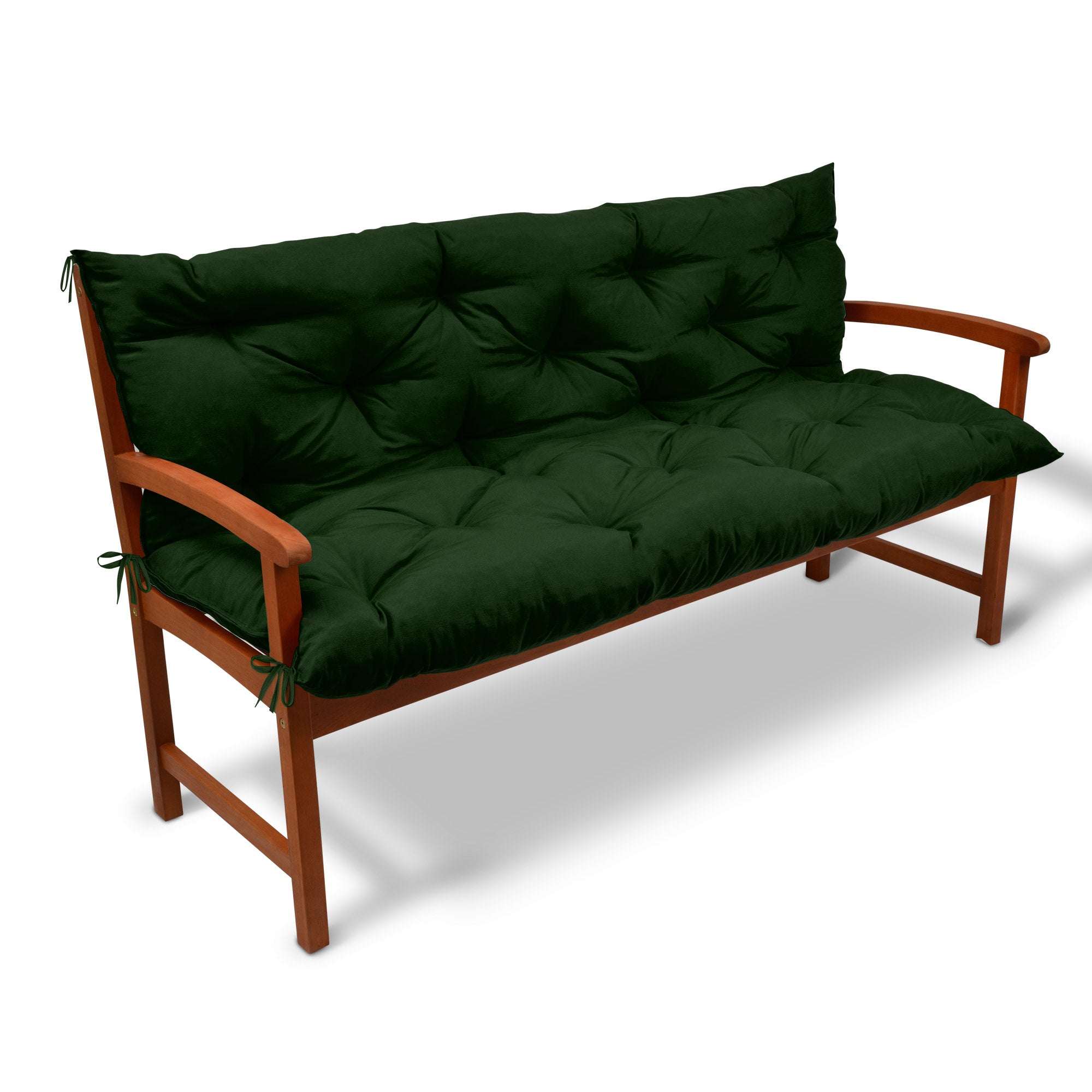 Beautissu Bankauflagen Flair BR green seat cushion with backrest on wooden bench.