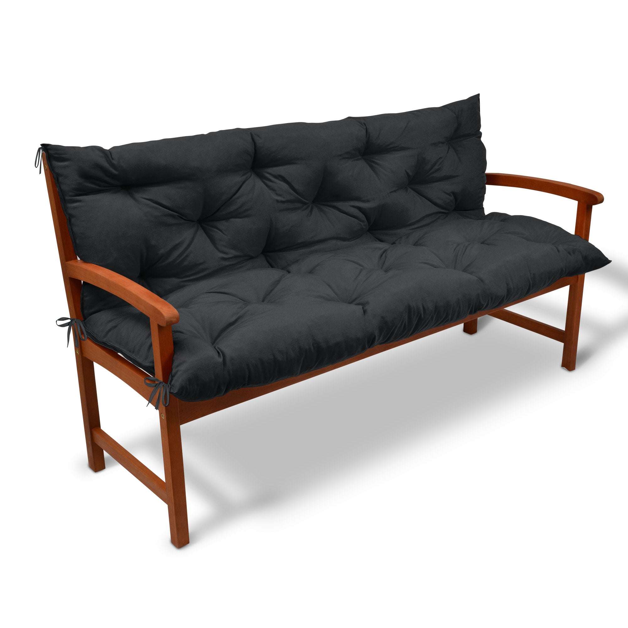 Beautissu Bankauflagen Flair BR seat cushion with backrest in black on a wooden bench.
