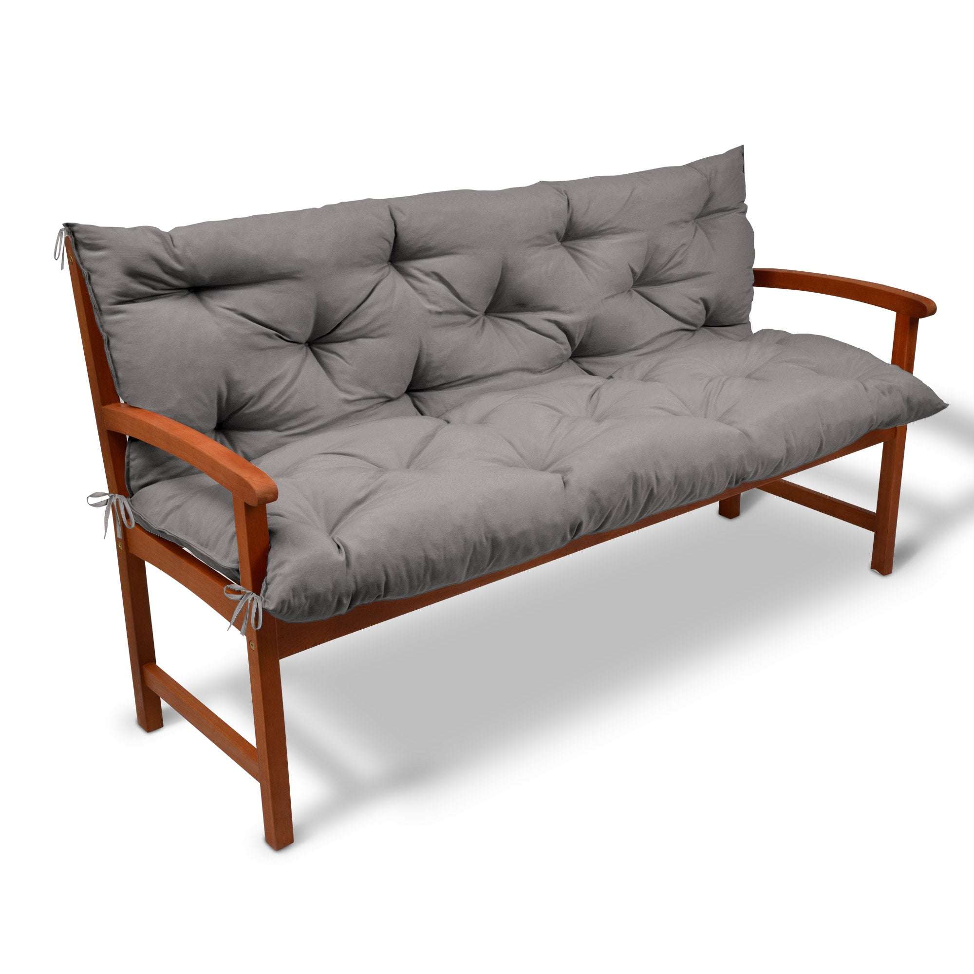 Beautissu Bankauflagen Flair BR with backrest on a wooden bench, thick grey cushion.