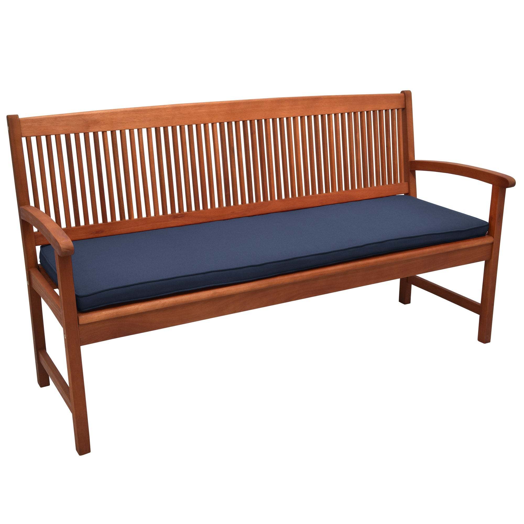 Beautissu Loft BK Sitzpolster in navy blue on a wooden garden bench.
