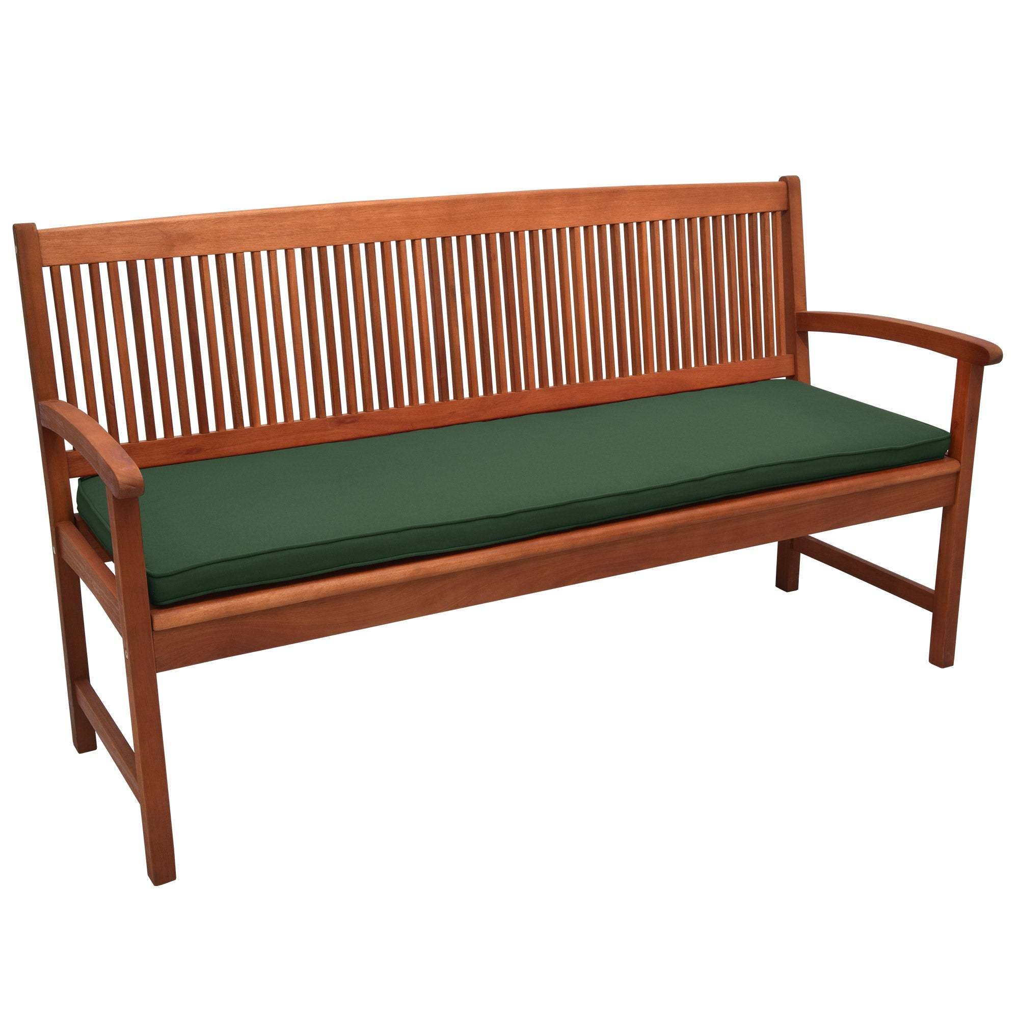 Beautissu Loft BK bench cushion in green on wooden garden bench.