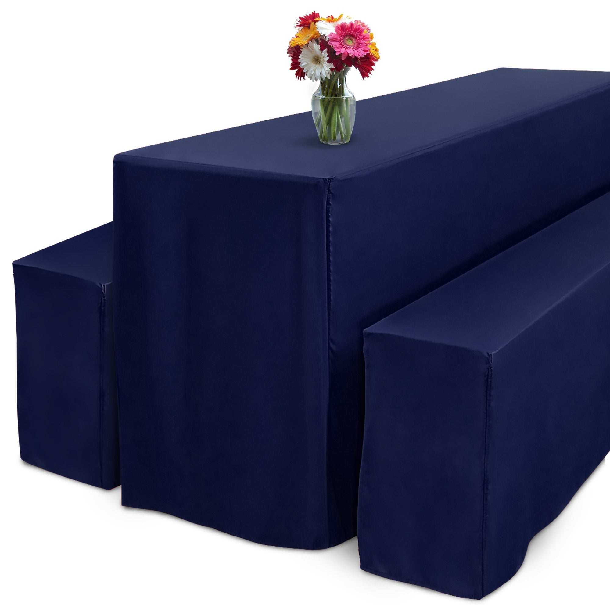 3er Set Beautissu Basic L Biertischhusse für Festzeltgarnitur, elegant bodenlang, passgenau, pflegeleicht, dunkelblau.