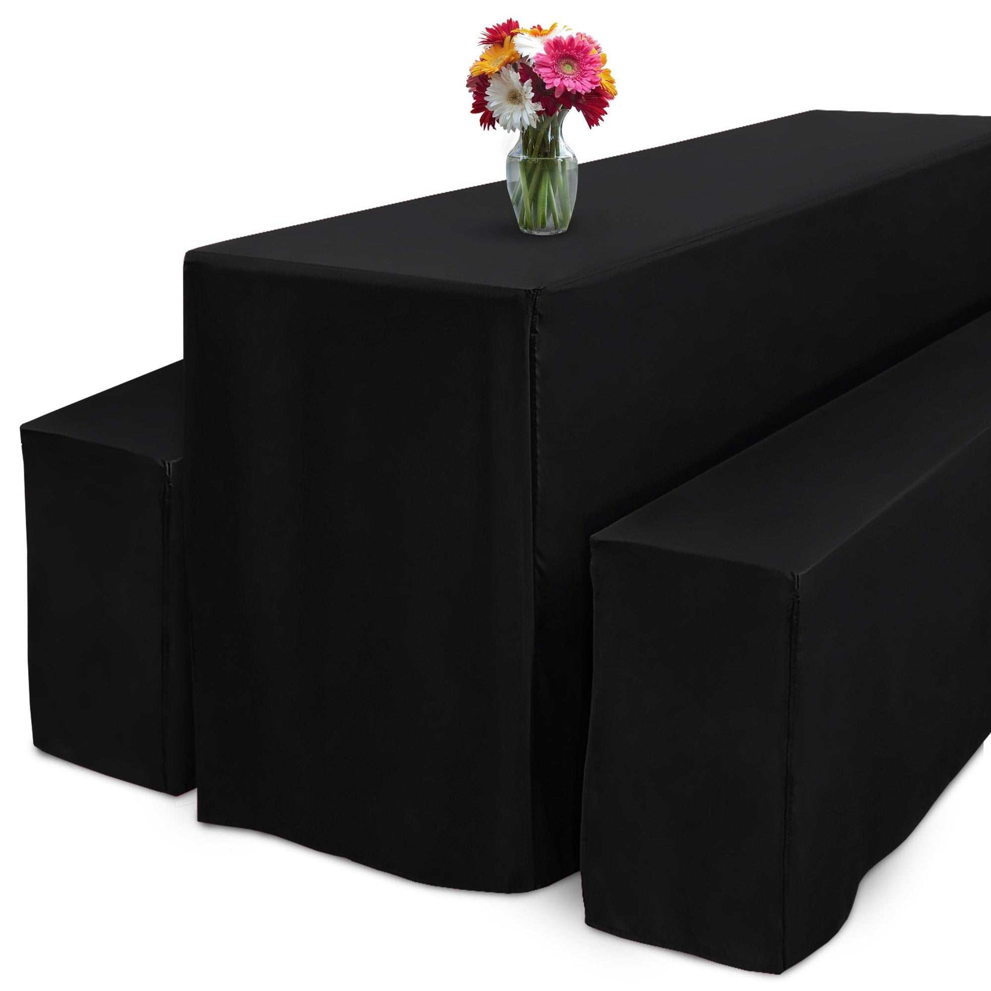 3er Set Beautissu Basic L Biertischhusse, elegant table and bench covers, black, fits 50-70cm tables, 220cm length, garden party decor.