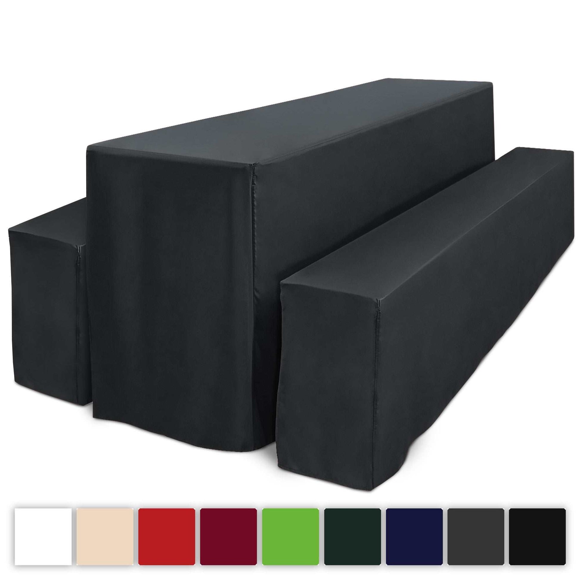 3er Set Beautissu Basic L Biertischhusse für Festzeltgarnitur, black covers displayed on benches and table, available in multiple colors.