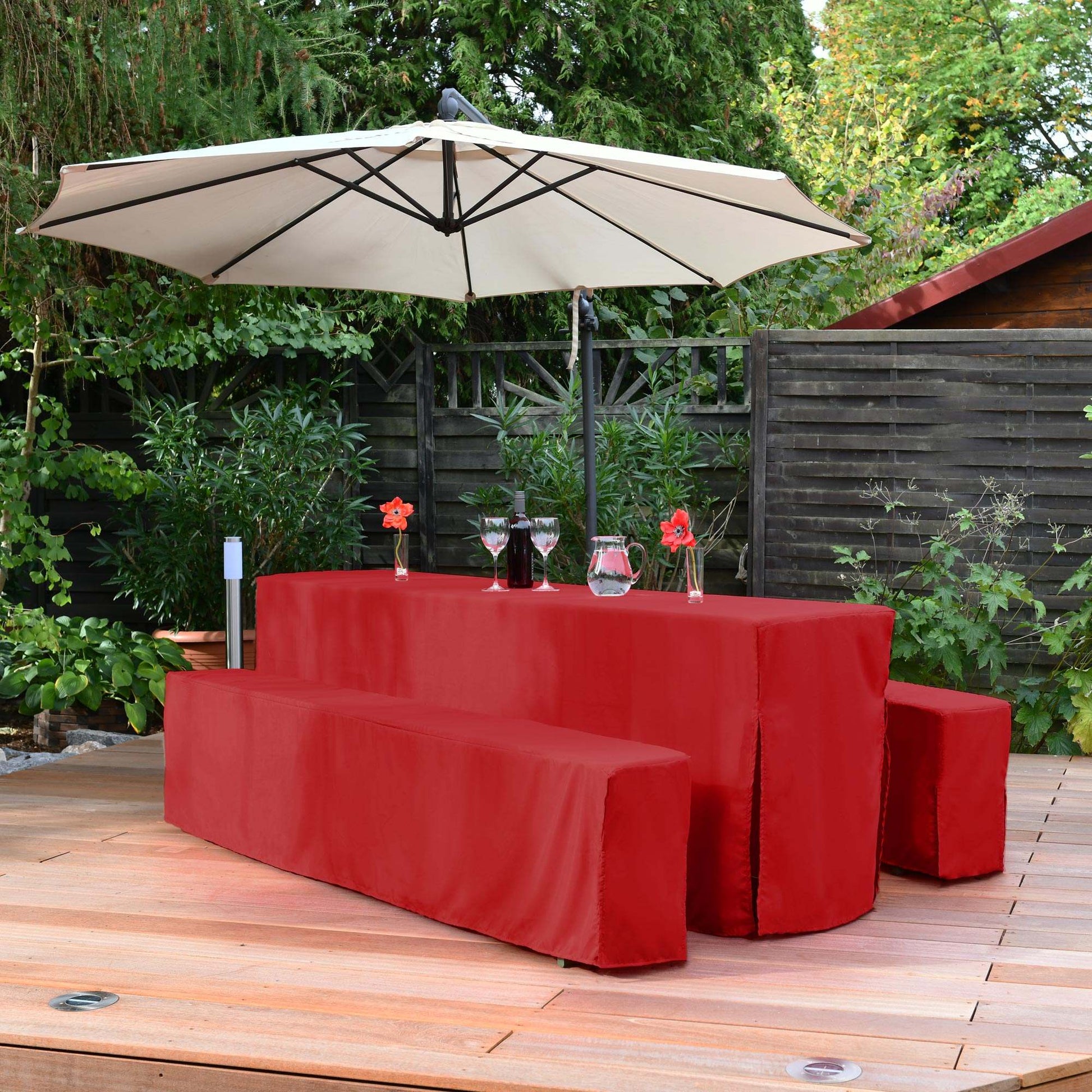 3er Set Beautissu basic beer table covers for festive seating in garden, red fabric, 50x220cm and 70x220cm.