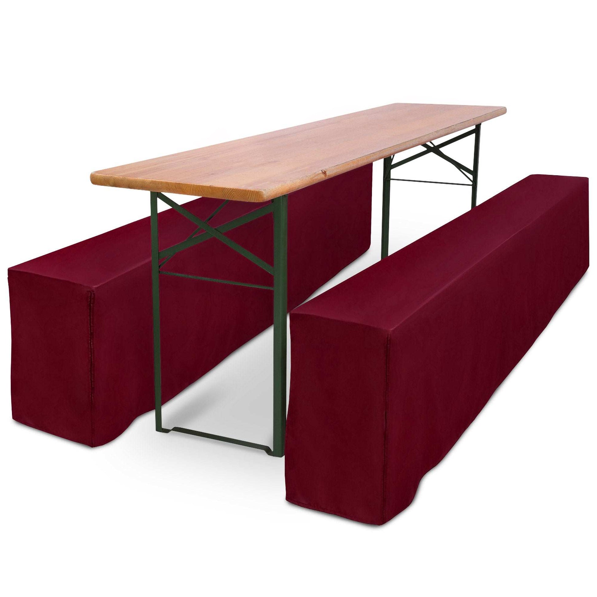 3-piece Beautissu beer tent table cover set with bench covers, elegant burgundy design, fits standard banquet tables, perfect for events and parties.