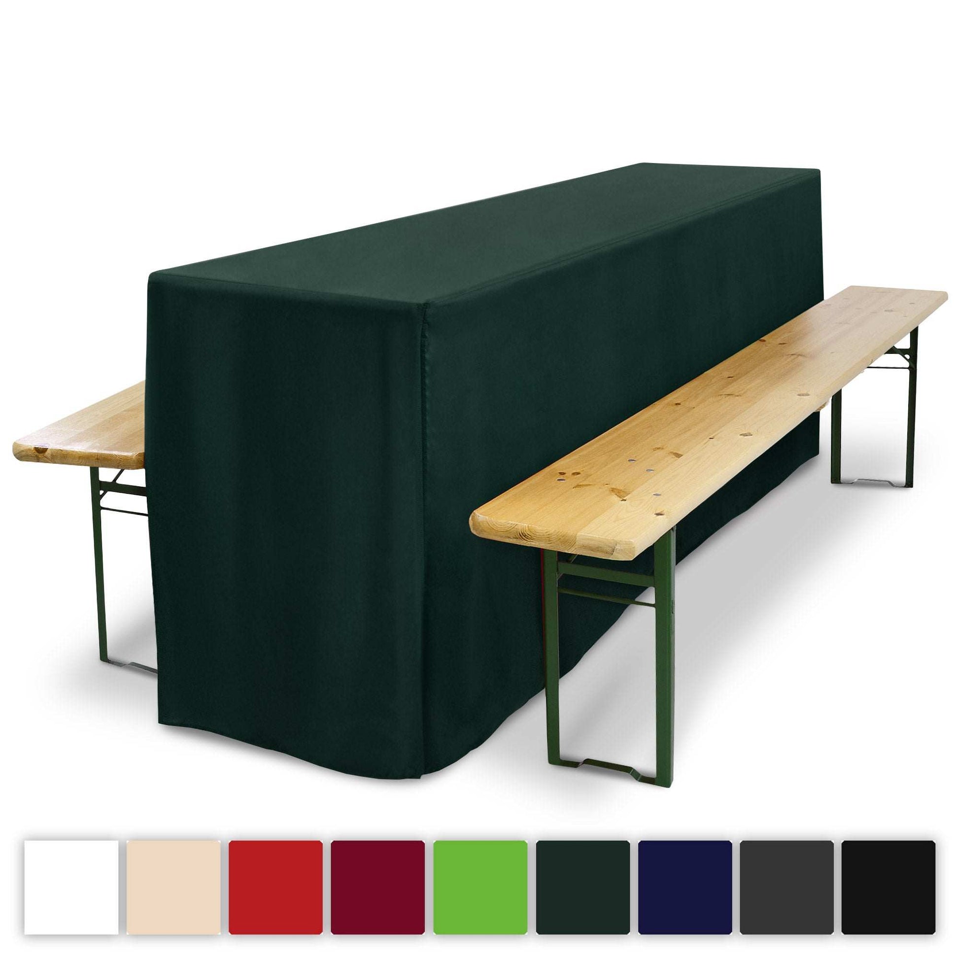 3-piece Beautissu beer table cover set for garden parties, featuring full-length bench and table covers; fits standard 50x220cm and 70x220cm sizes; ideal for events and receptions.