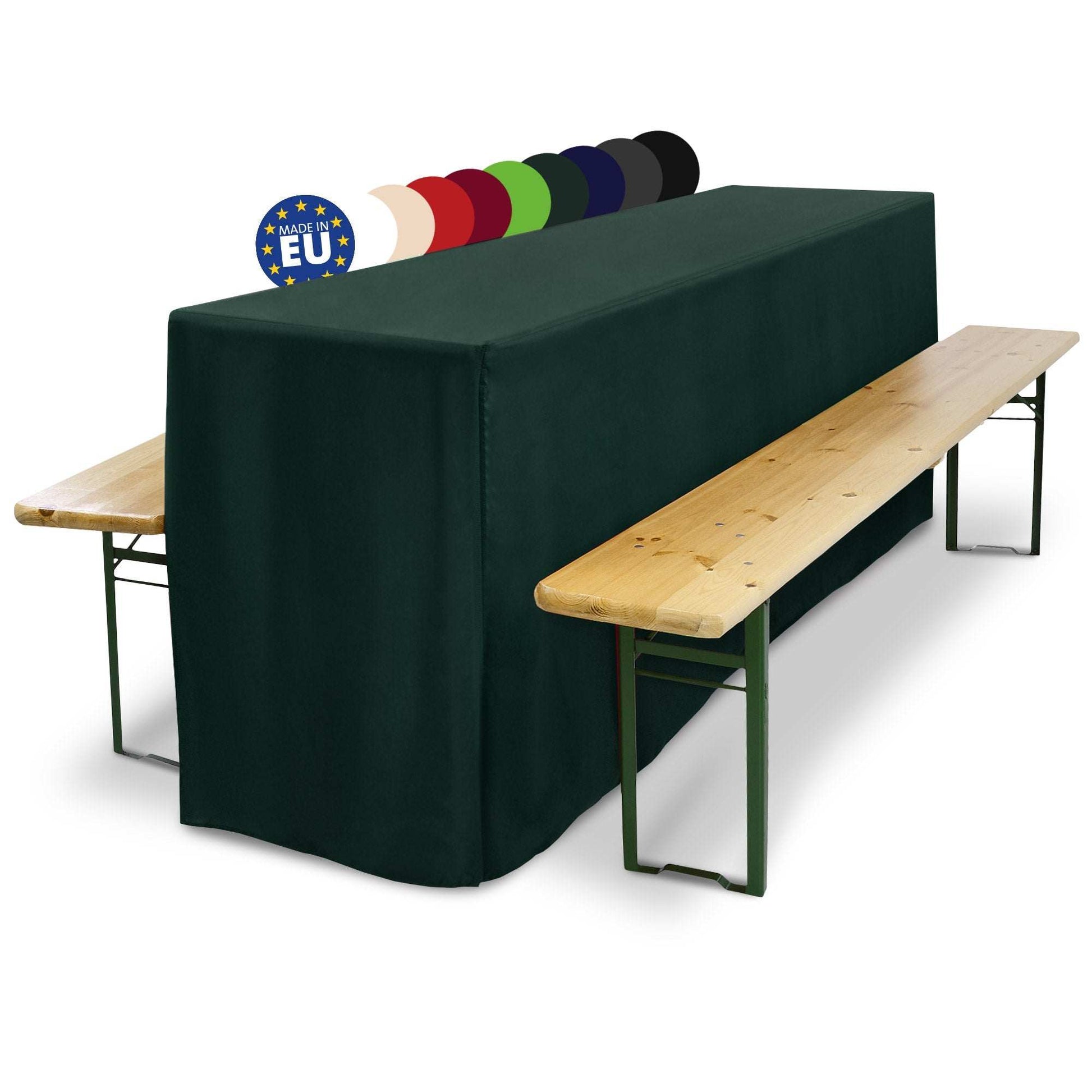 3-piece Beautissu table and bench cover set for beer garden; elegant, floor-length fit; durable polyester; fits 50x220cm and 70x220cm tables.