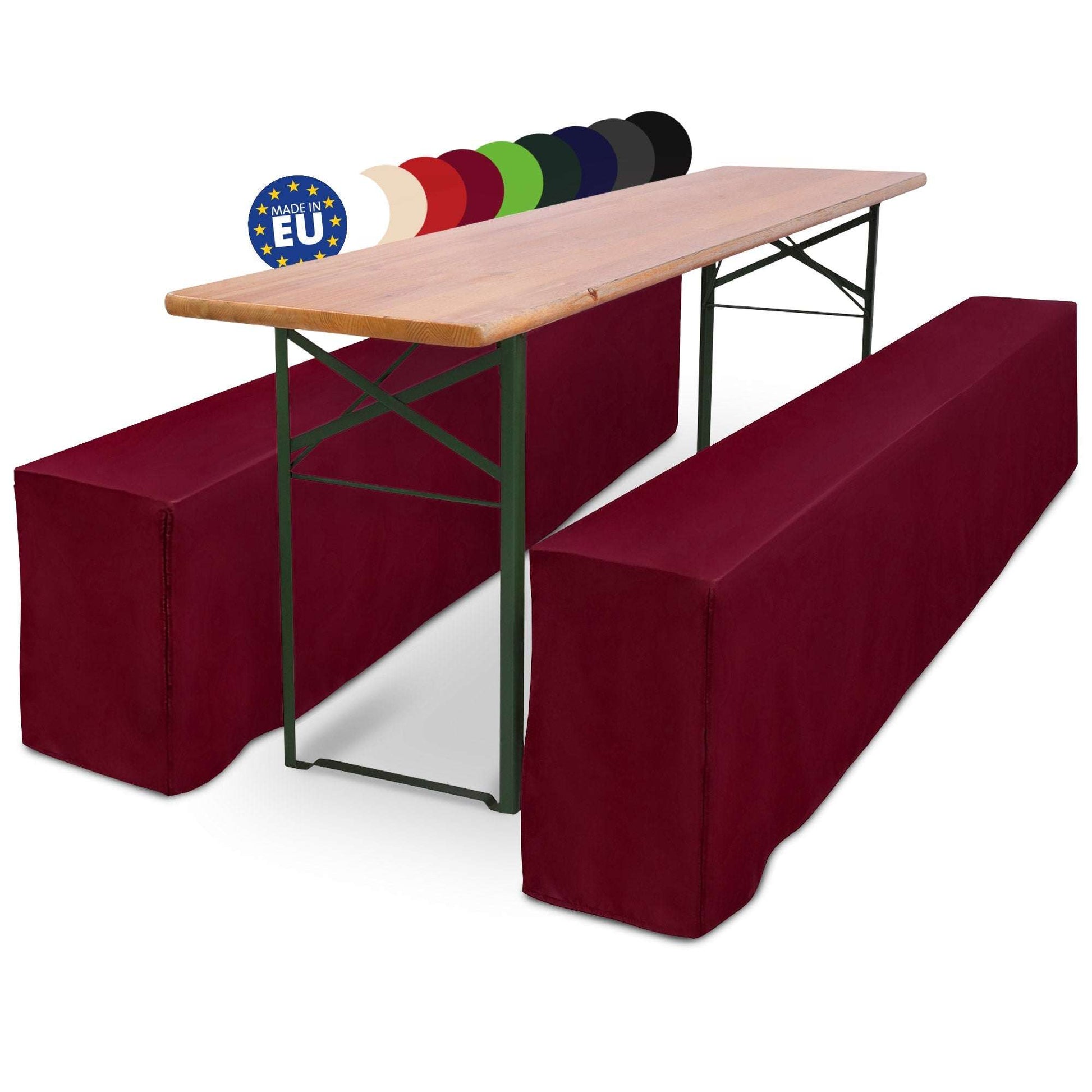 3er Set Beautissu Basic L Biertischhusse for Festzeltgarnitur, burgundy covers on beer table and benches.