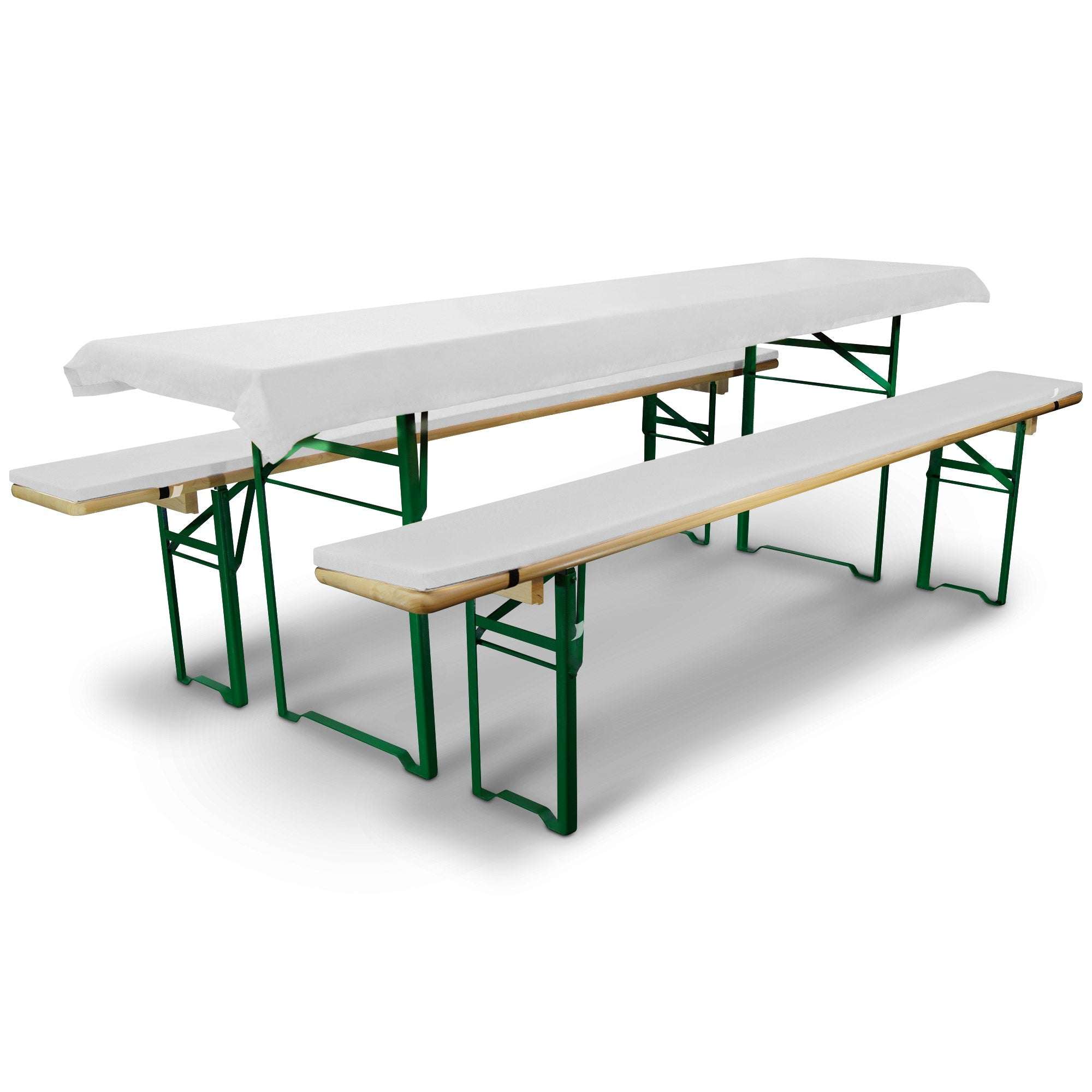 3er Set Beautissu Comfort XS Tischdecke und Bierbankauflagen auf Festzeltgarnitur.