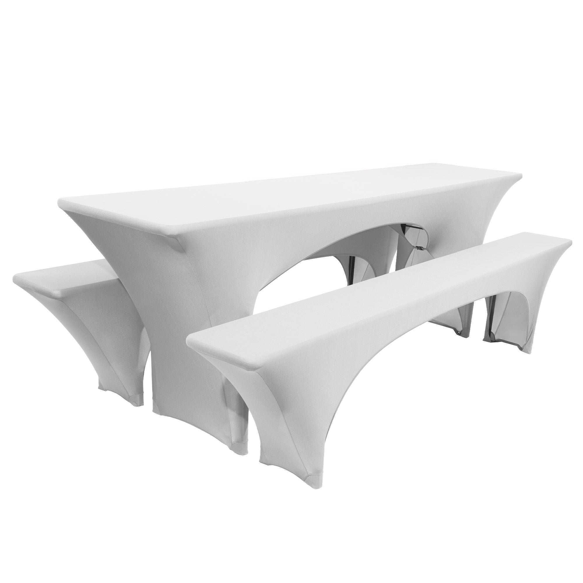 3-piece Beautissu Victoria stretch table and bench covers for beer tent sets, elegant party decor.