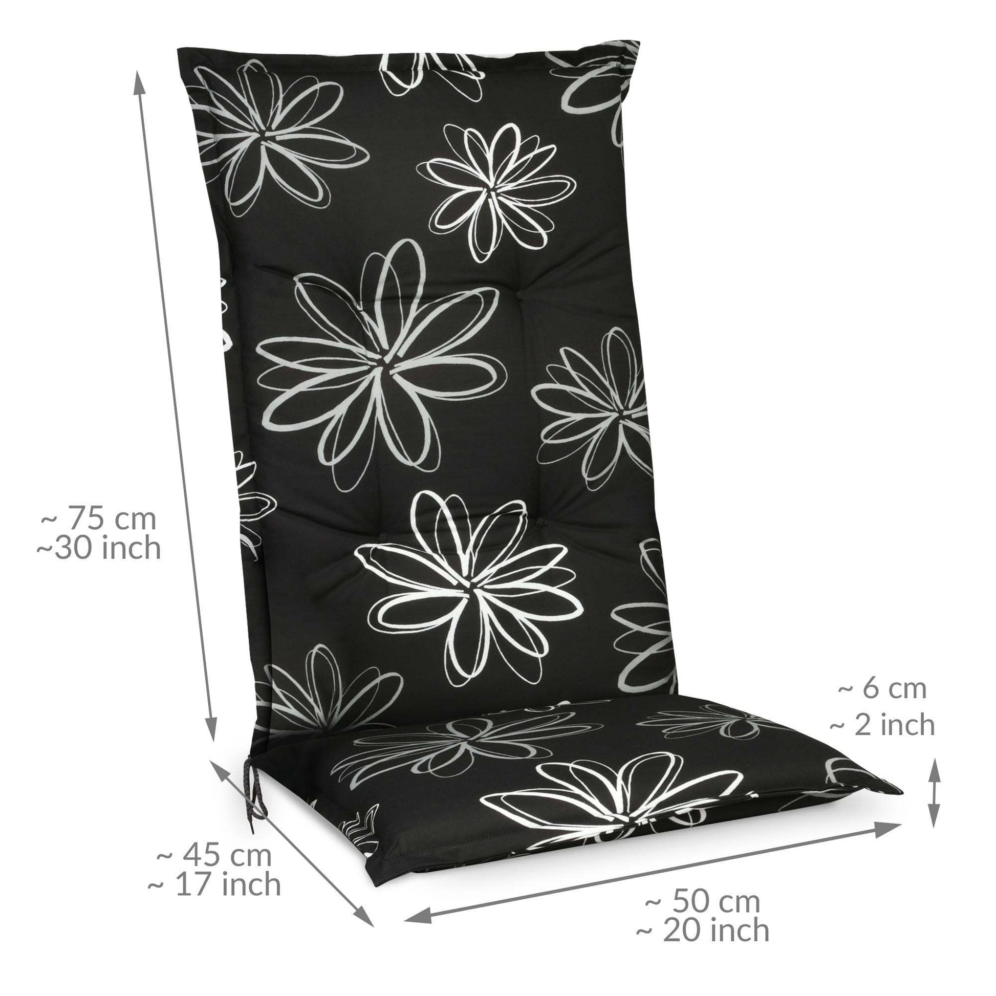 Beautissu Hochlehner Auflagen 120x50x6 cm Flores, black cushion with white floral pattern, designed for garden chairs.