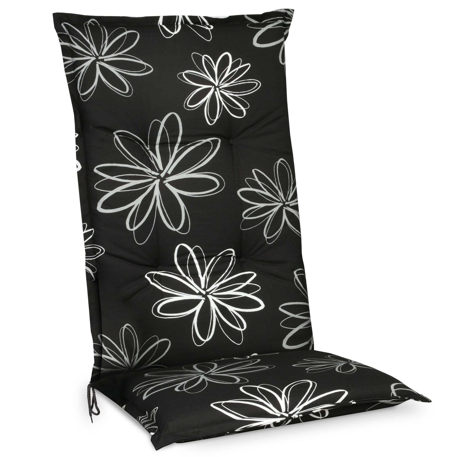 Beautissu Hochlehner Auflagen 120x50x6 cm black floral garden chair cushion.