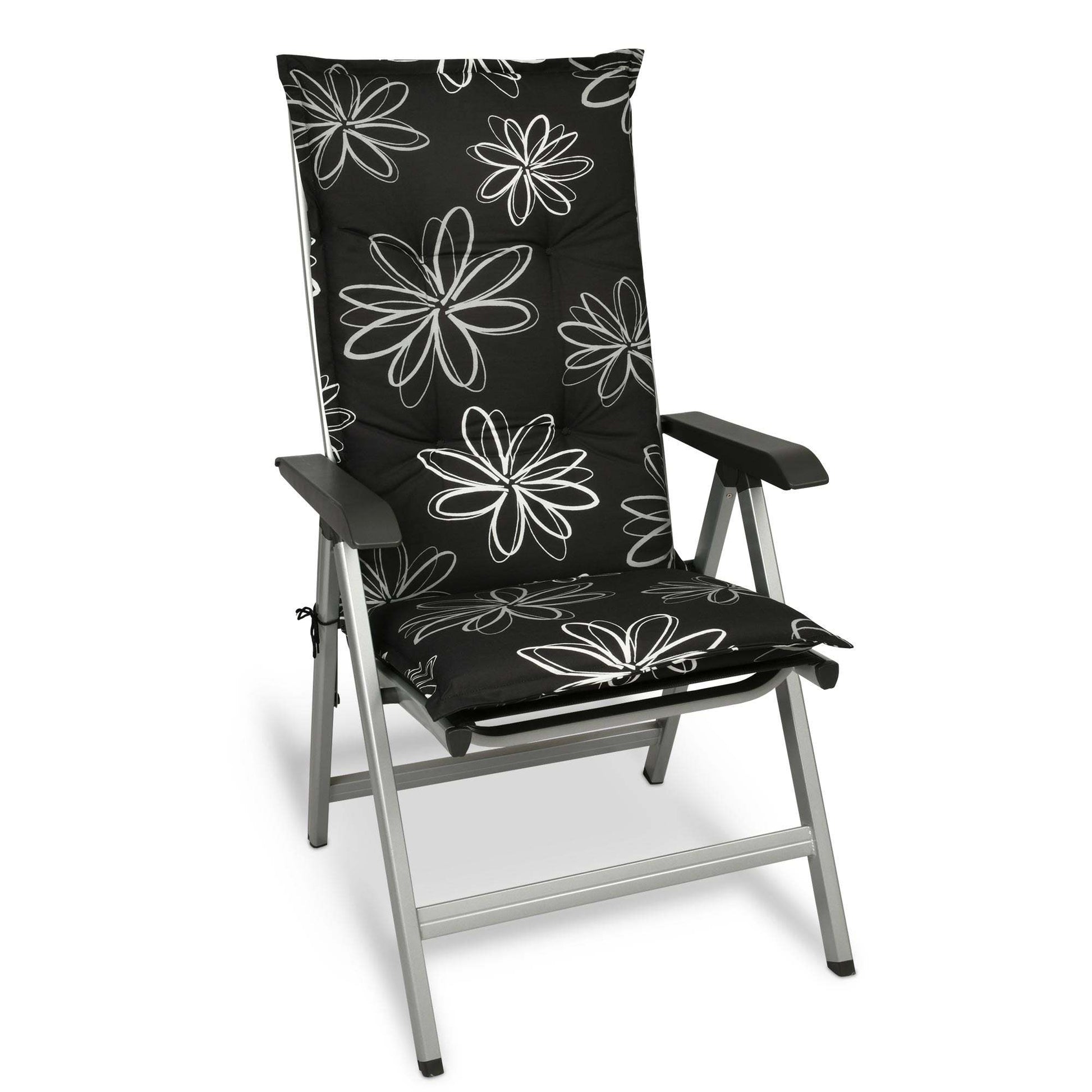 Beautissu Hochlehner Auflagen 120x50x6 cm Flores on garden chair with floral design.