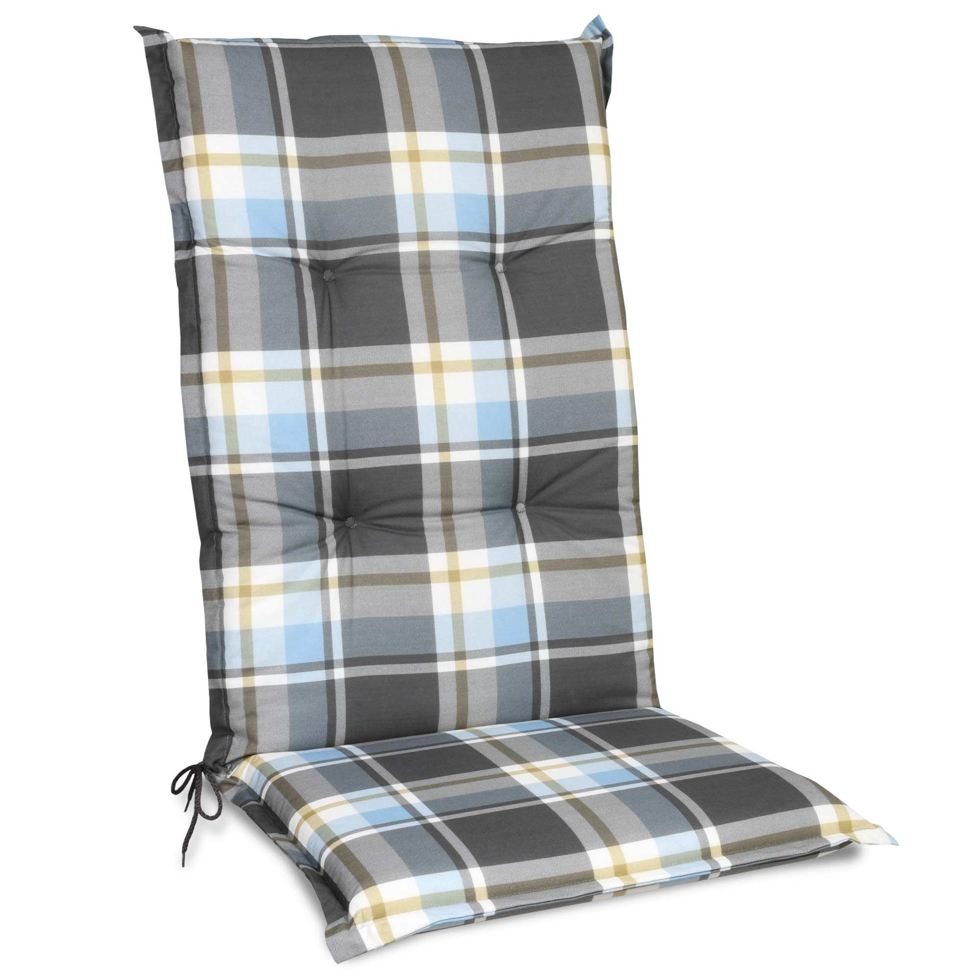 Beautissu Sunny Hochlehner garden chair cushion 120x50x6 cm in plaid pattern, featuring durable, comfortable padding with easy-fix straps and Oeko-Tex certification.