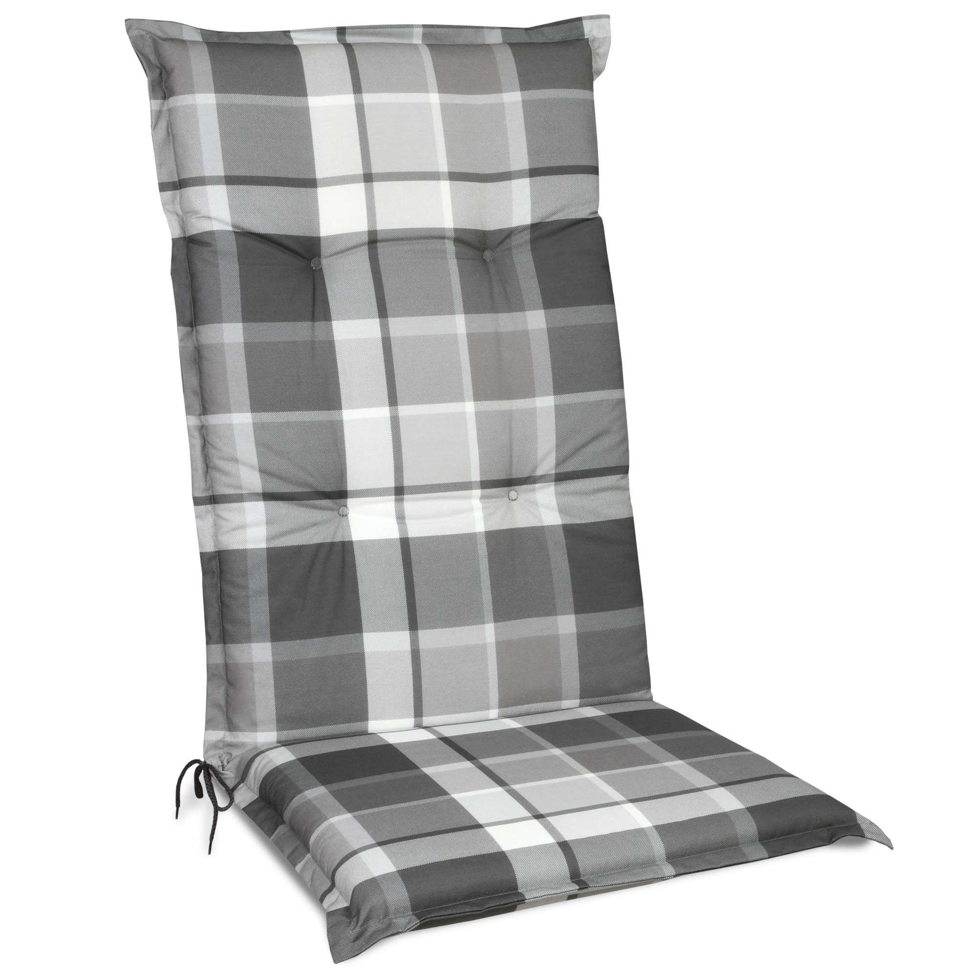 Beautissu Sunny Hochlehner chair cushion 120x50x6 cm in plaid pattern, multiple colors, high back, comfortable and durable.