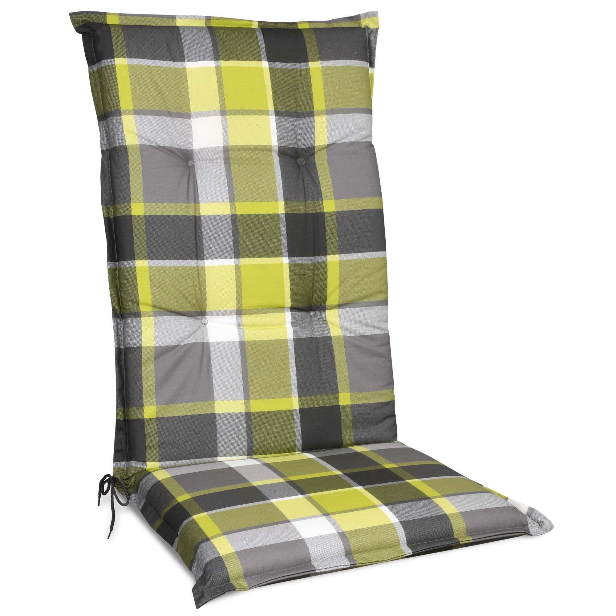 Beautissu Sunny Hochlehner Auflagen 120x50x6 cm in checkered pattern, stylish and comfortable garden chair cushion.
