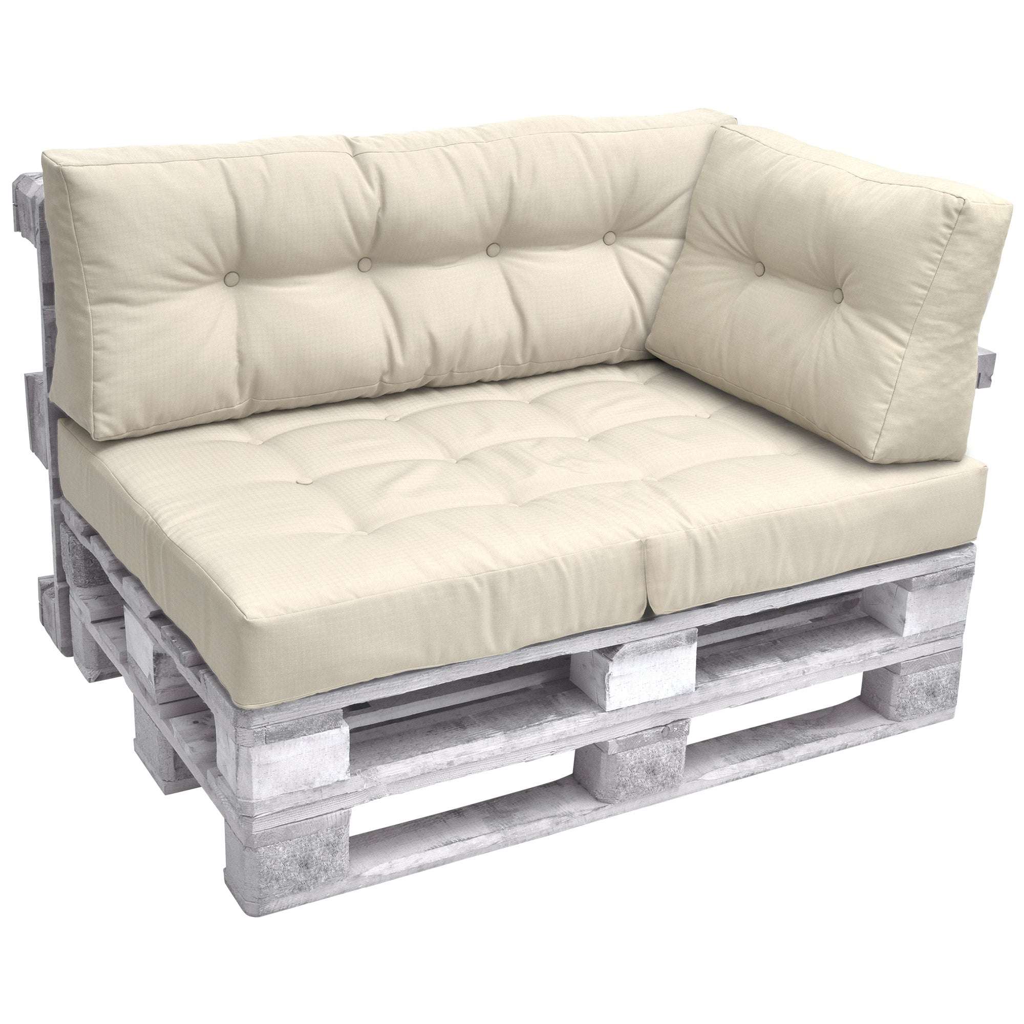 Beautissu Eco Elements Palettenkissen set on wooden pallets, cream color, stylish tufted design with decorative buttons.