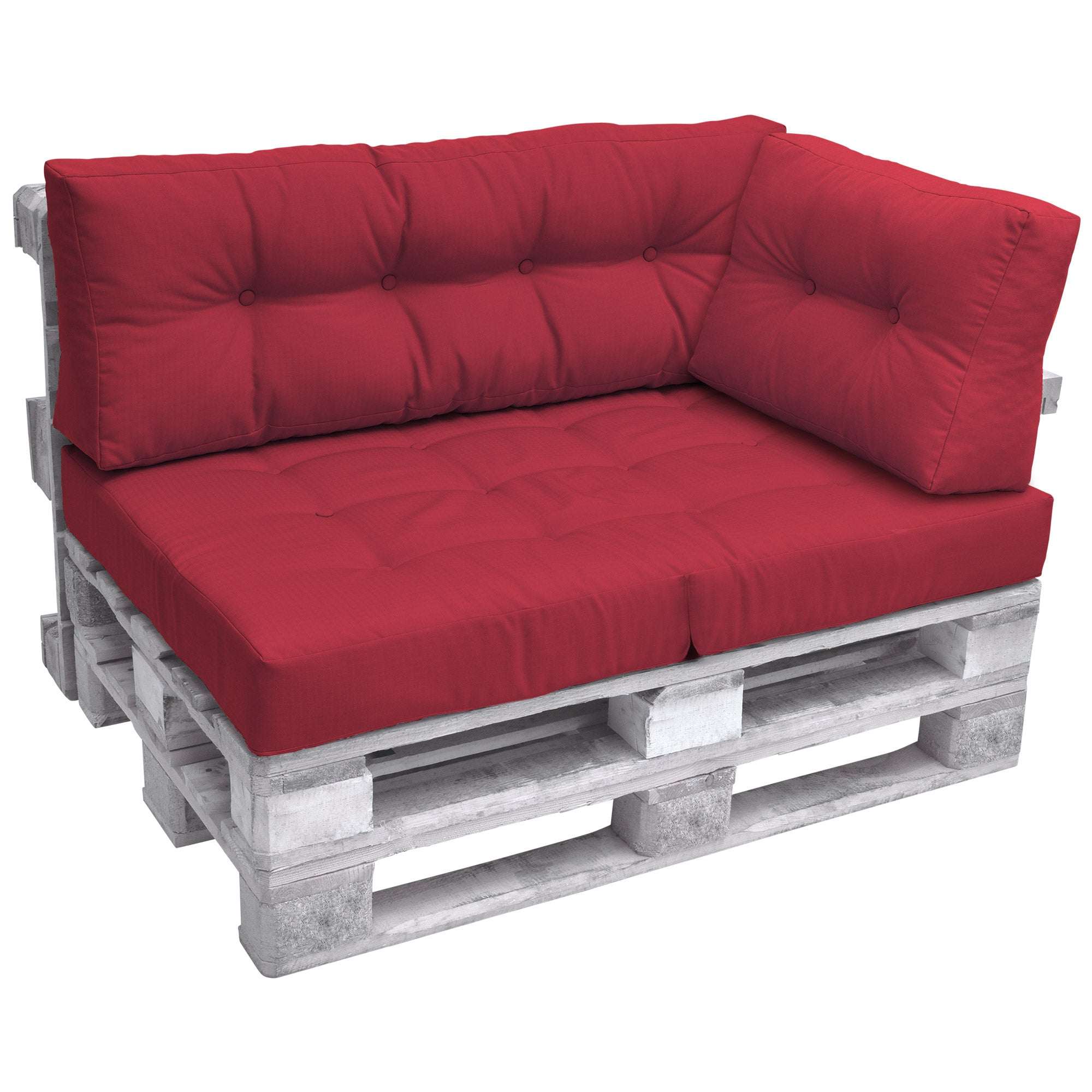 Beautissu Eco Elements Palettenkissen in Rot auf Europalette, stilvolle Karo-Struktur und Zierknöpfe, gemütliche Sitzauflage für Indoor und Outdoor.