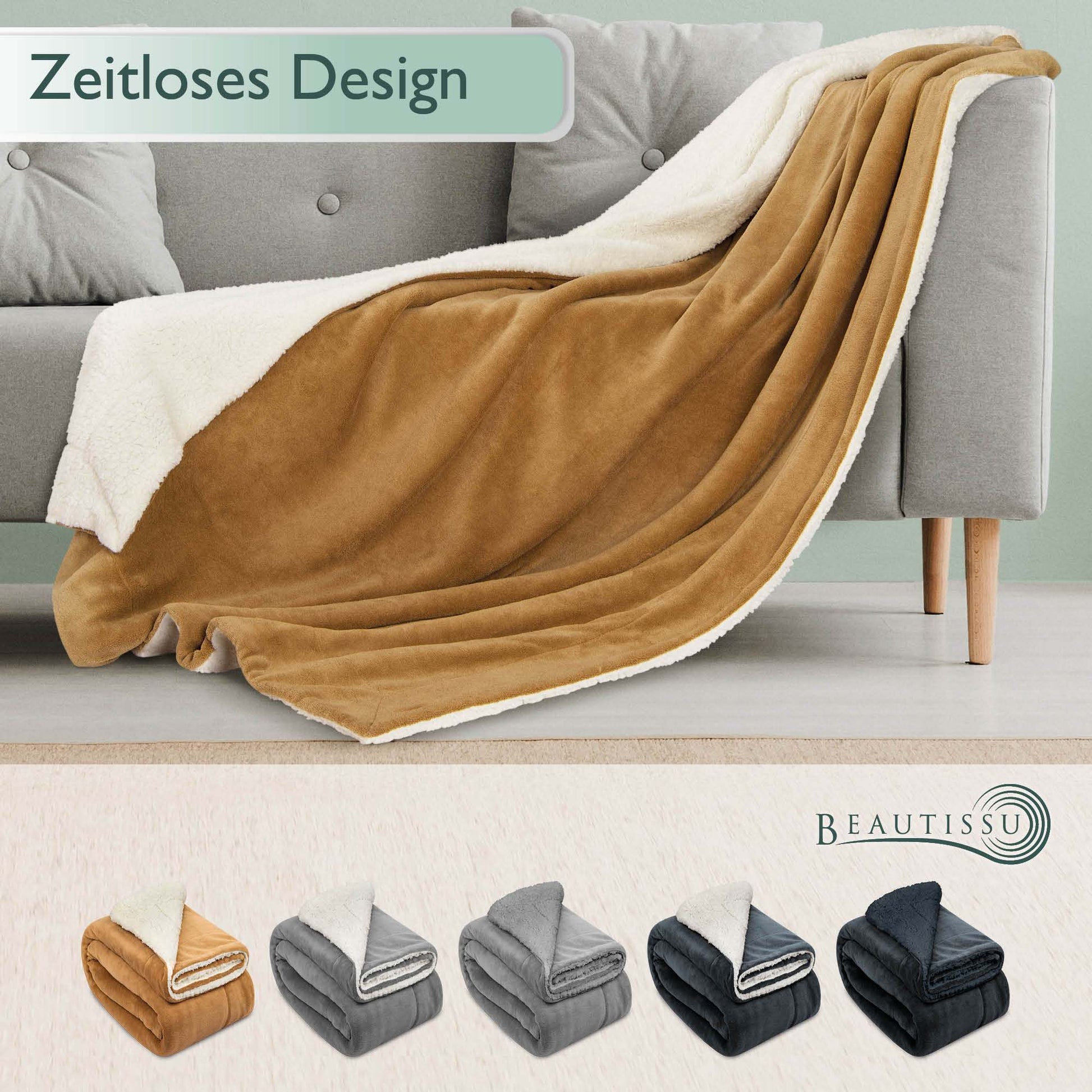 Beautissu Sherpa Kuscheldecke Alina in Beige on Sofa, Available in Sizes 150x200cm and 220x240cm, Various Colors