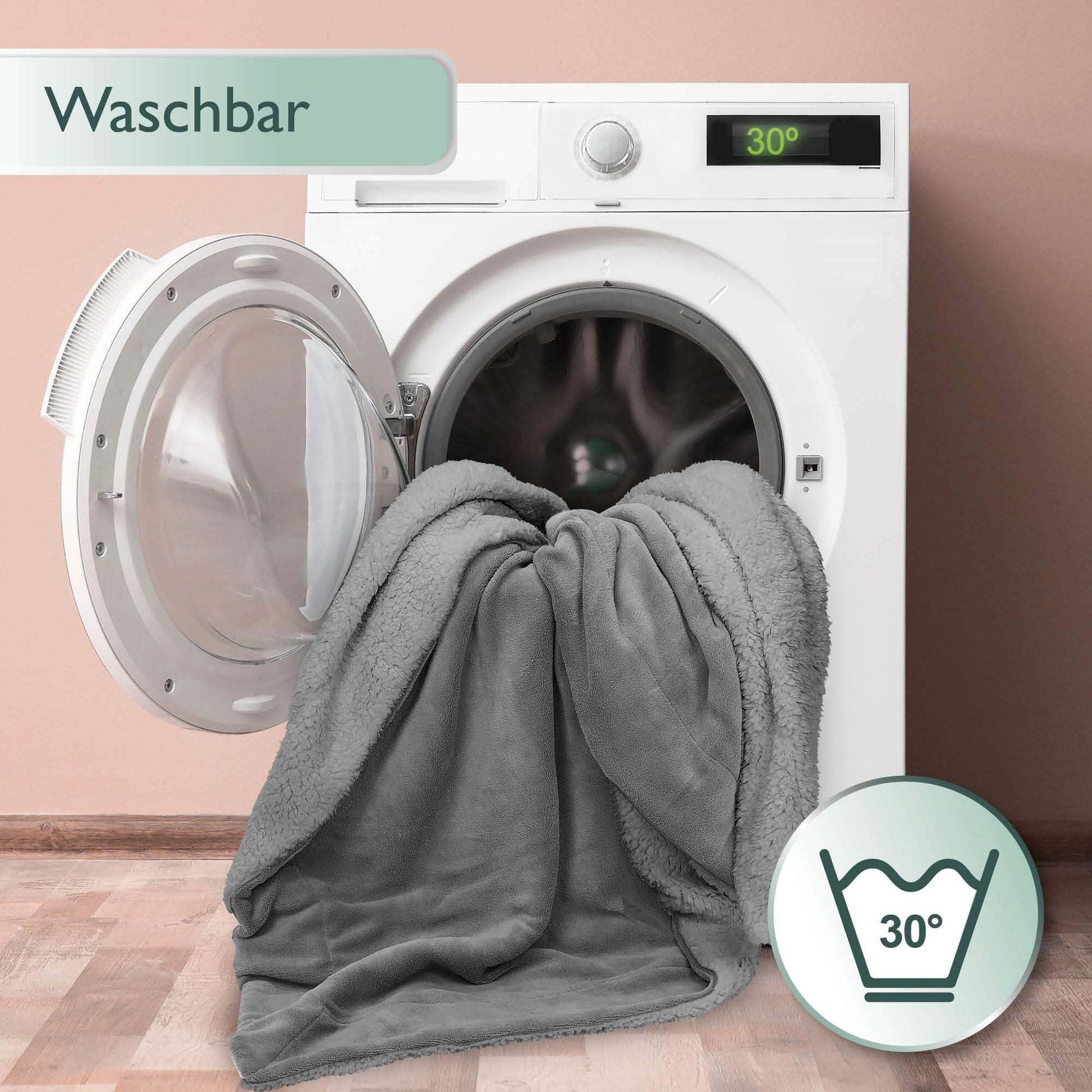 Beautissu Sherpa Kuscheldecke Alina in Waschmaschine, grau, waschbar bei 30°C.