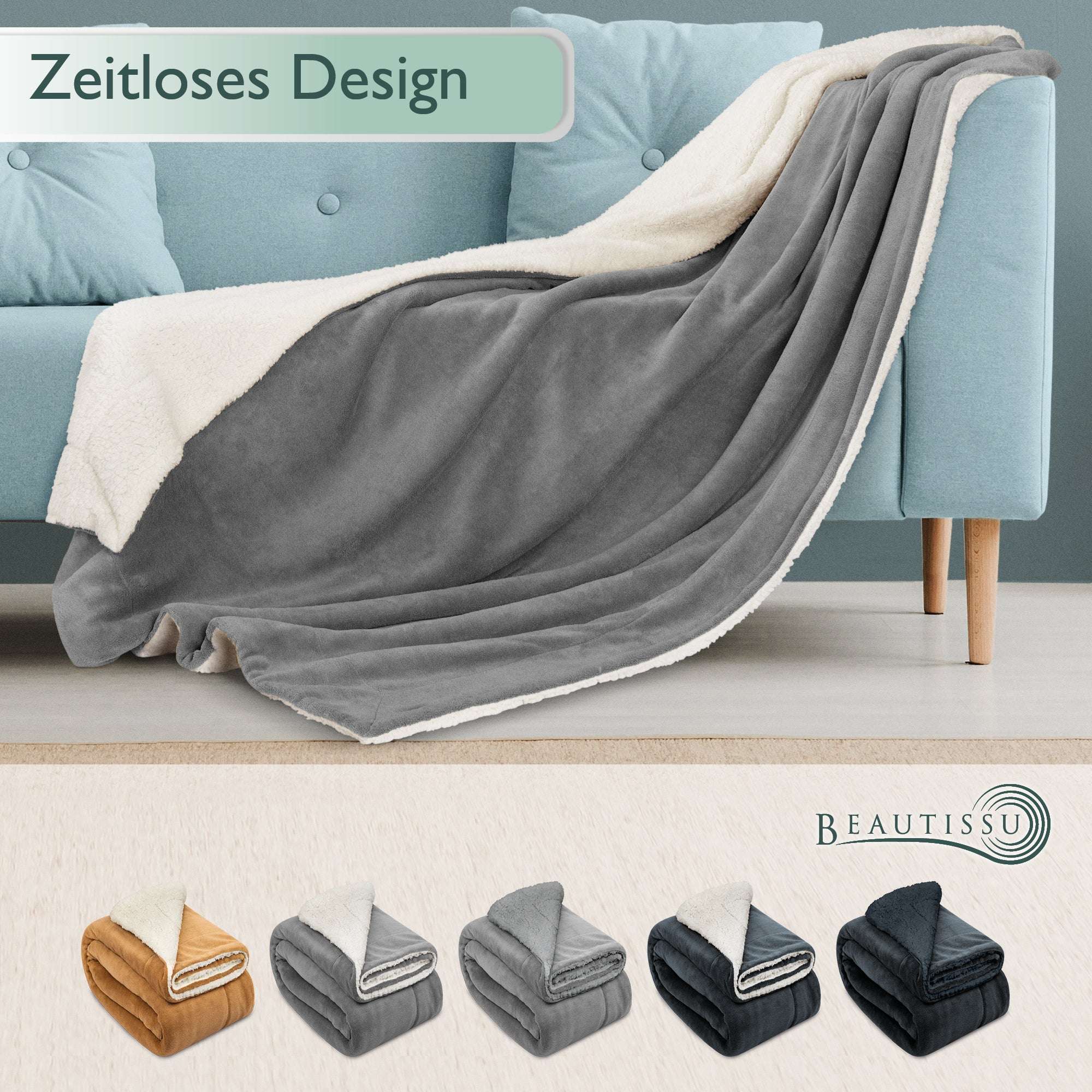 Beautissu Sherpa Kuscheldecke Alina in verschiedenen Farben on couch, sizes 150x200cm and 220x240cm, cozy and warm microfiber blanket.
