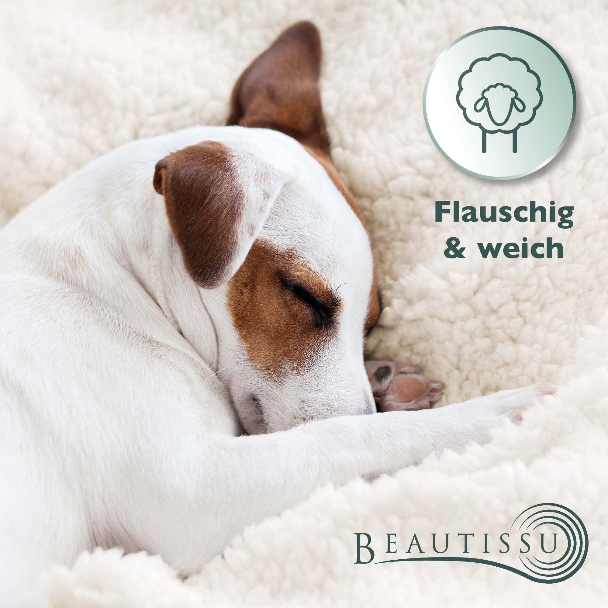 Beautissu Sherpa Kuscheldecke Alina with dog sleeping on soft, fluffy surface.