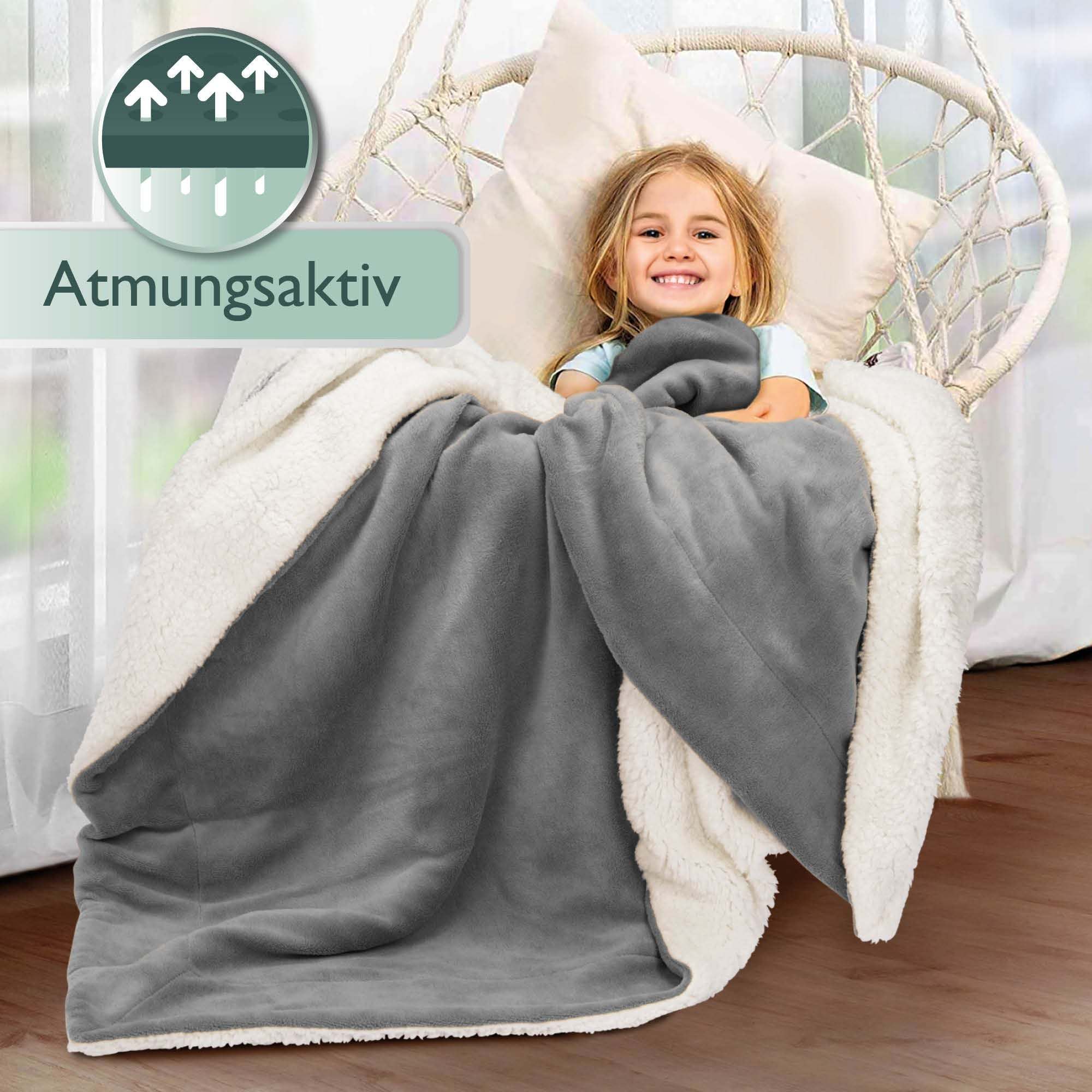 Beautissu Sherpa Kuscheldecke Alina in Grau, pflegeleichtes Mikrofaser Polyester, als Kuscheldecke oder Tagesdecke, atmungsaktiv.