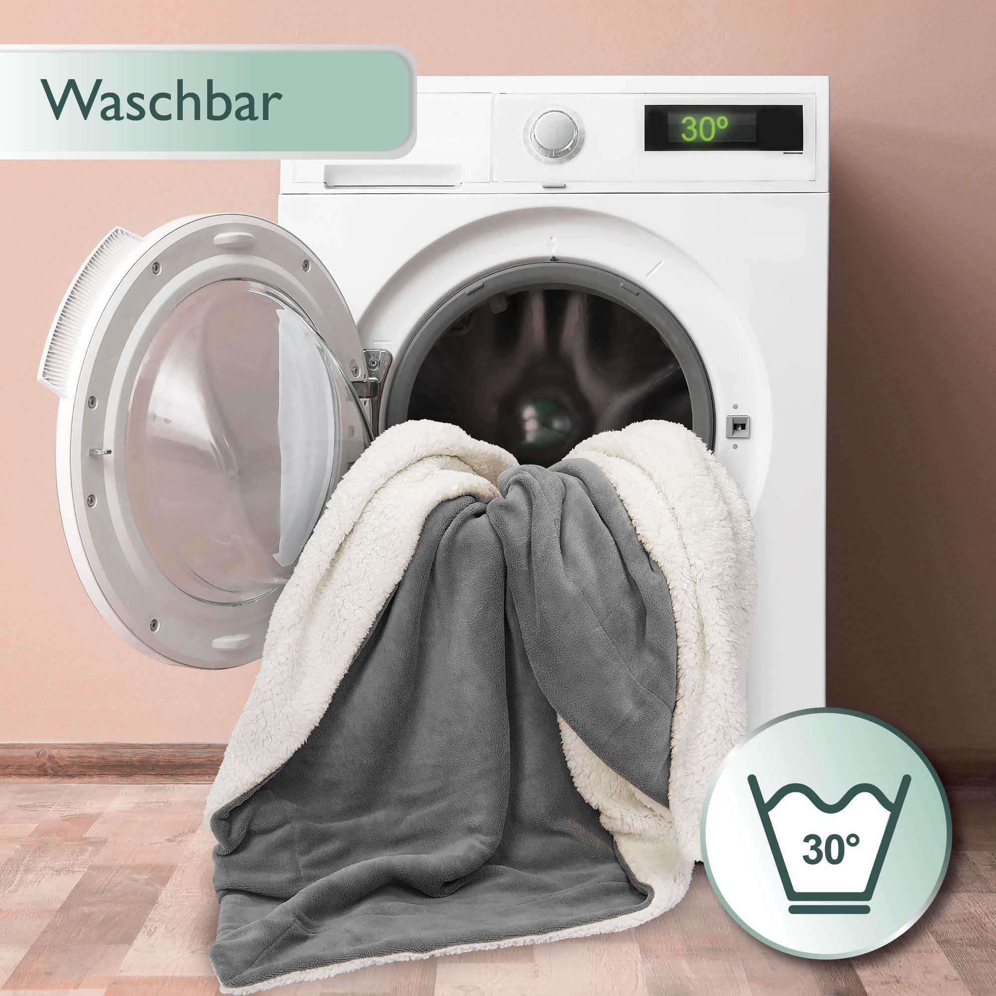 Beautissu Sherpa Kuscheldecke Alina gray in washing machine, showing washability at 30°C.