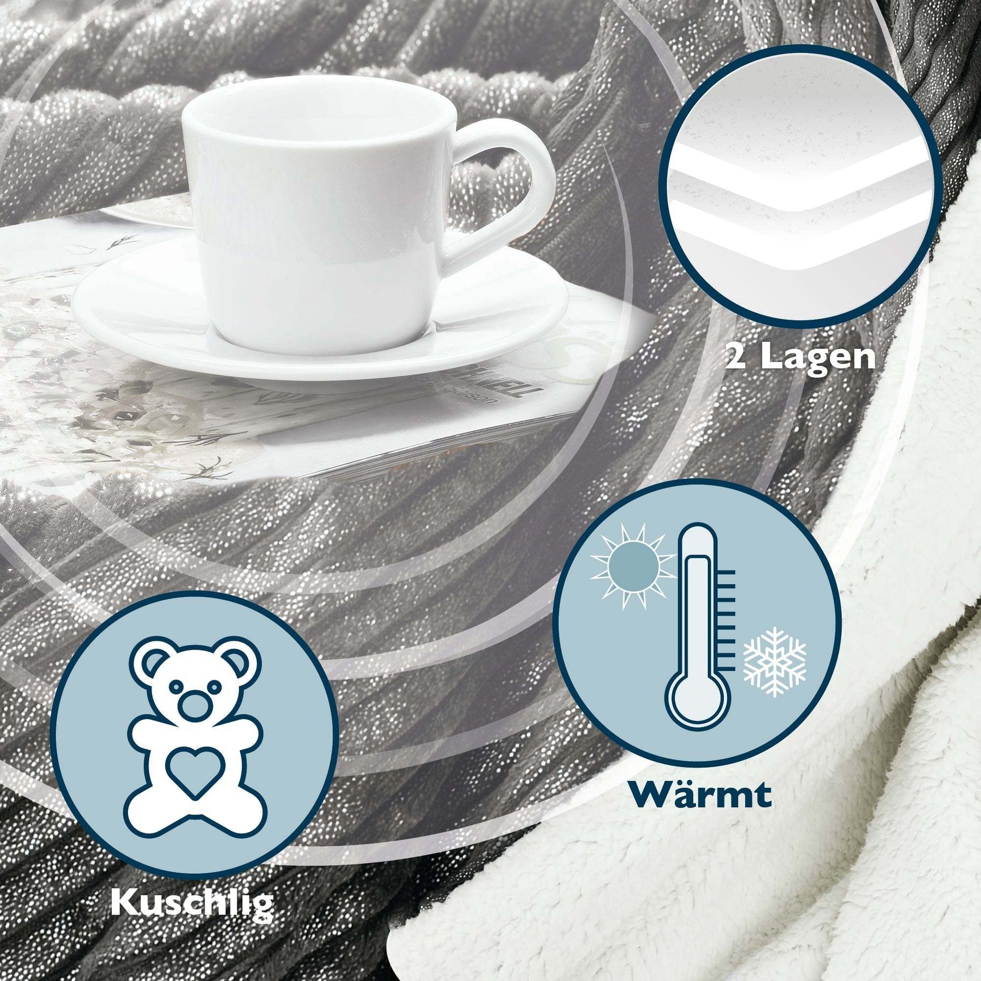 Beautissu Sherpa Kuscheldecke Elisa with a white cup, showcasing two-layer fabric, fluffy bear icon, and warmth indicator.