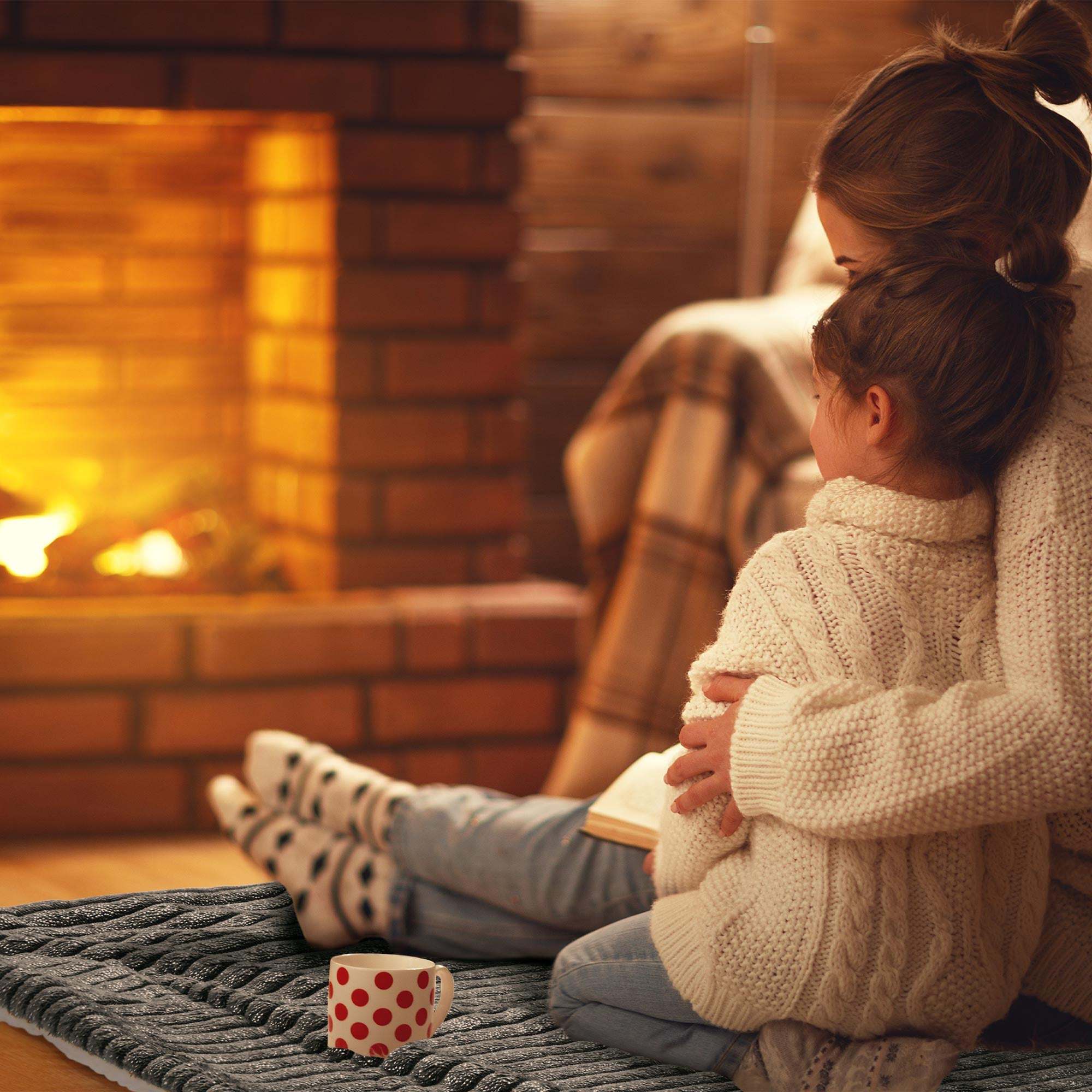 Cozy family by the fireplace with Beautissu Sherpa Kuscheldecke Elisa.