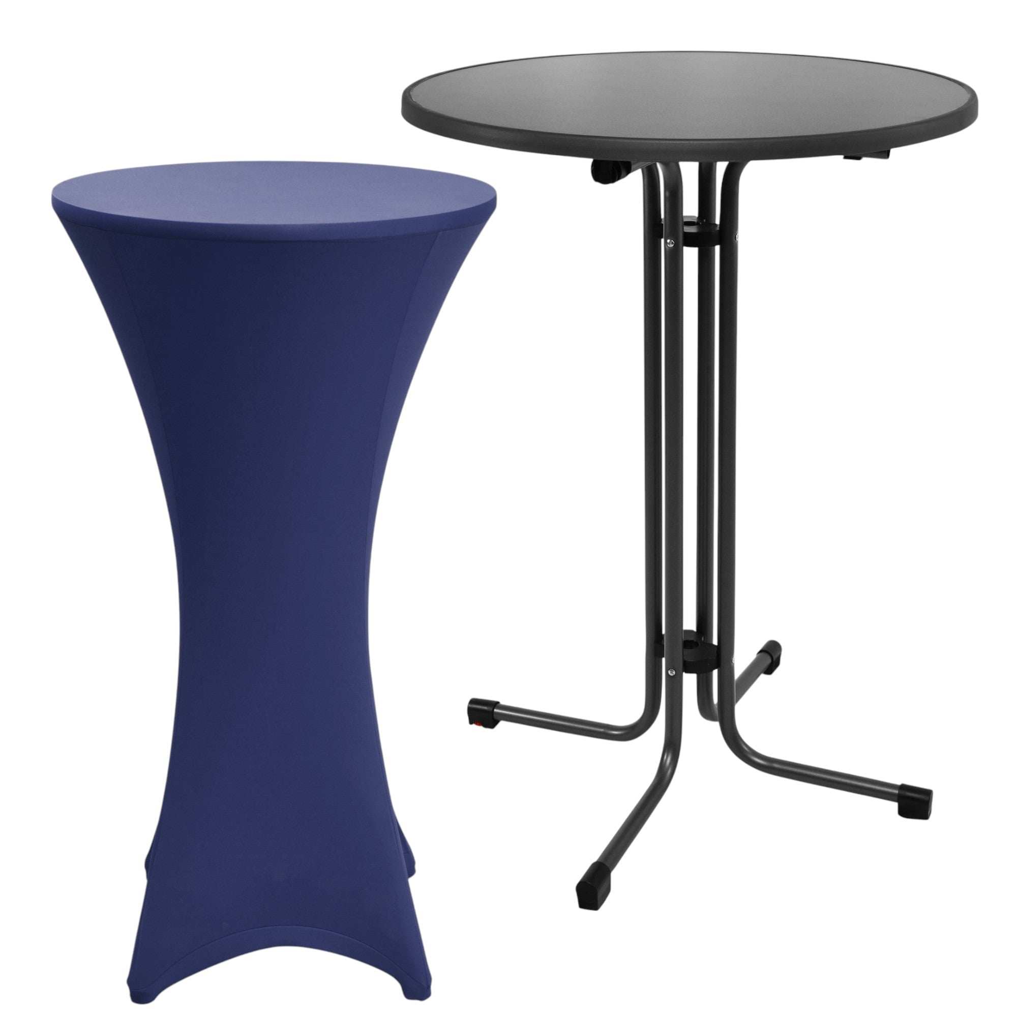 Beautissu Set Sylt Stehtisch Anthrazit mit passender Stehtischhusse Stella in Blau für Ø70 oder 80cm Tische, wetterbeständig und stabil.