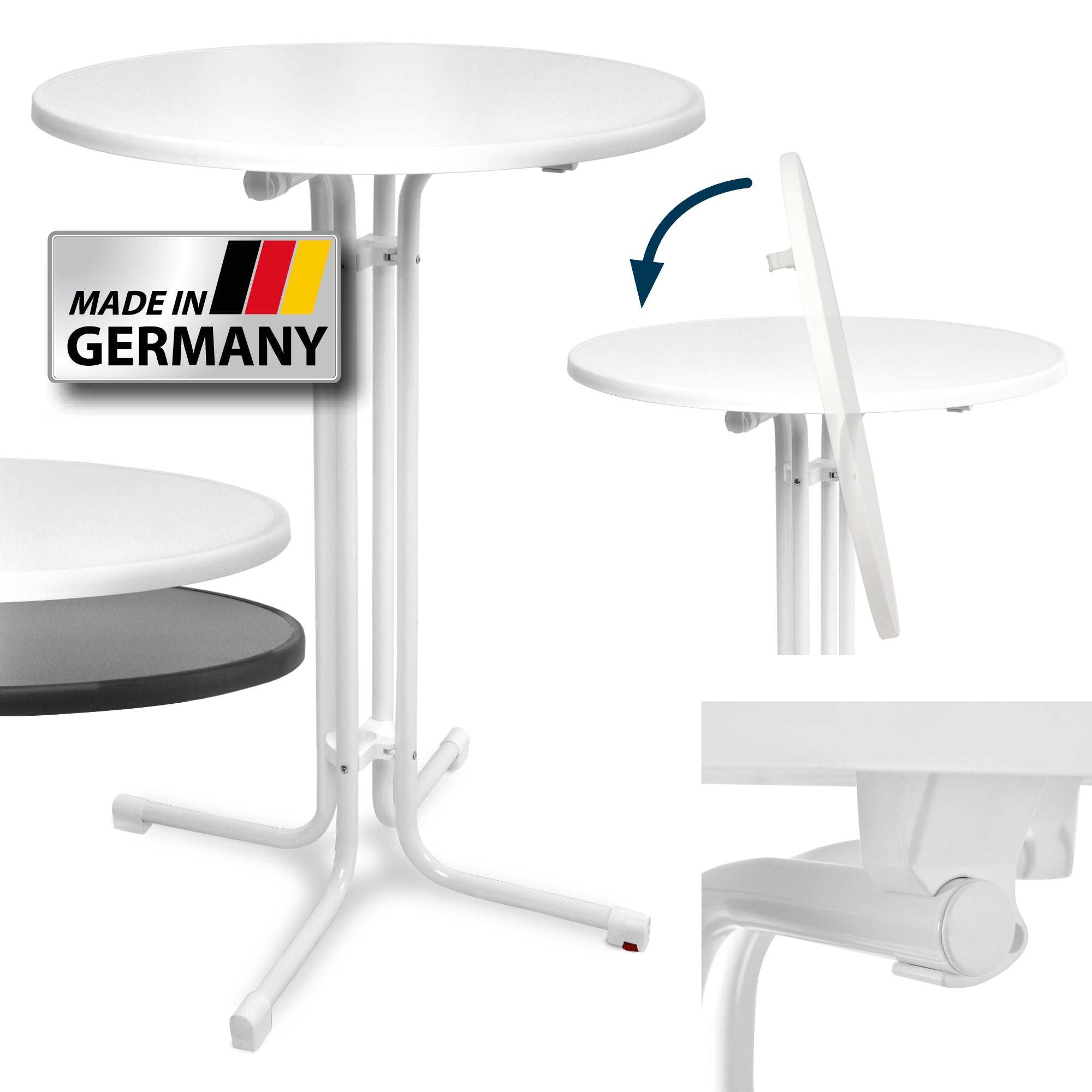 Beautissu Stehtisch Sylt ø70/80cm, white outdoor folding table, weather-resistant, made in Germany.
