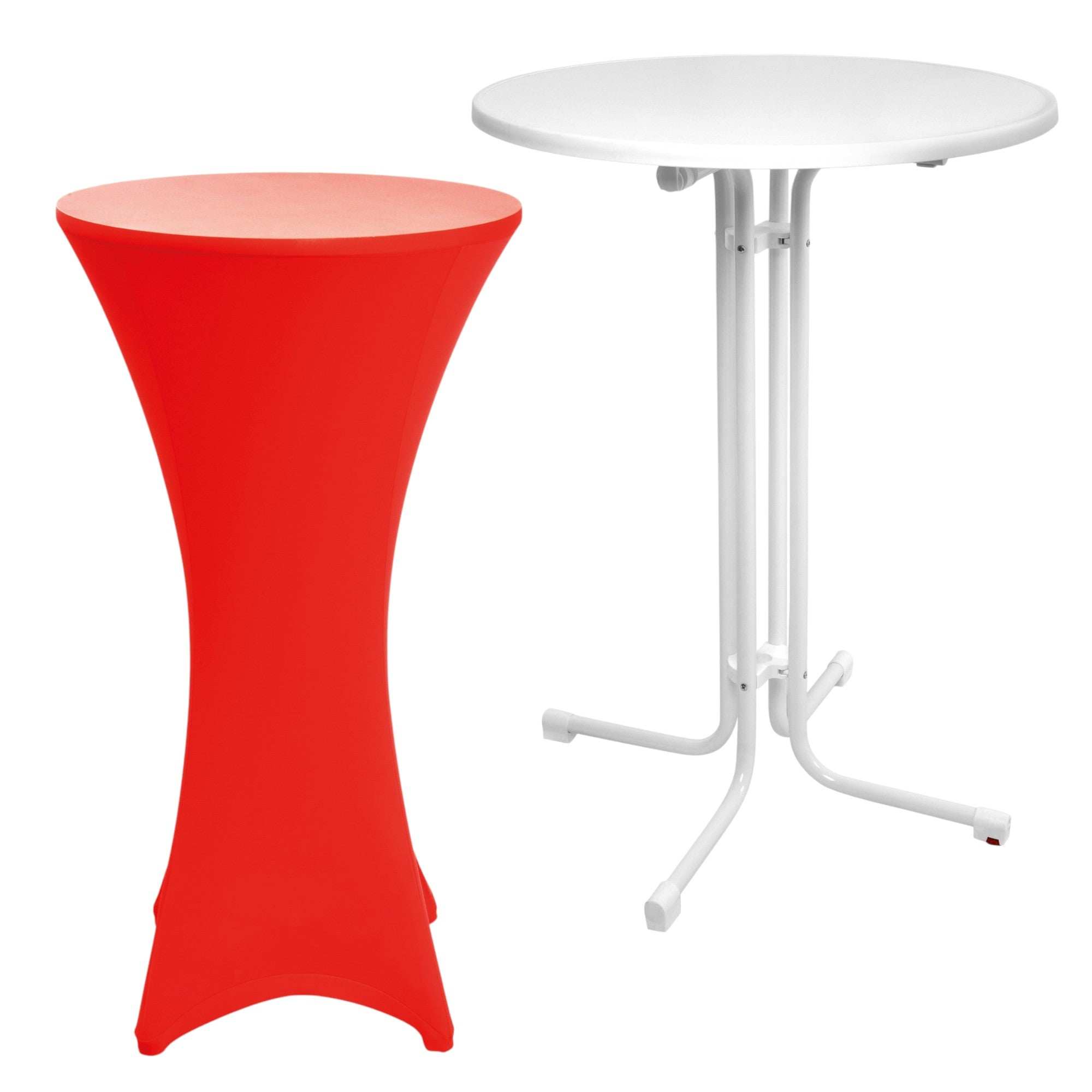 Beautissu Set Sylt Stehtisch weiß mit Stretchhusse Stella in Rot, Ø70 oder 80cm, vielseitig für Feste.