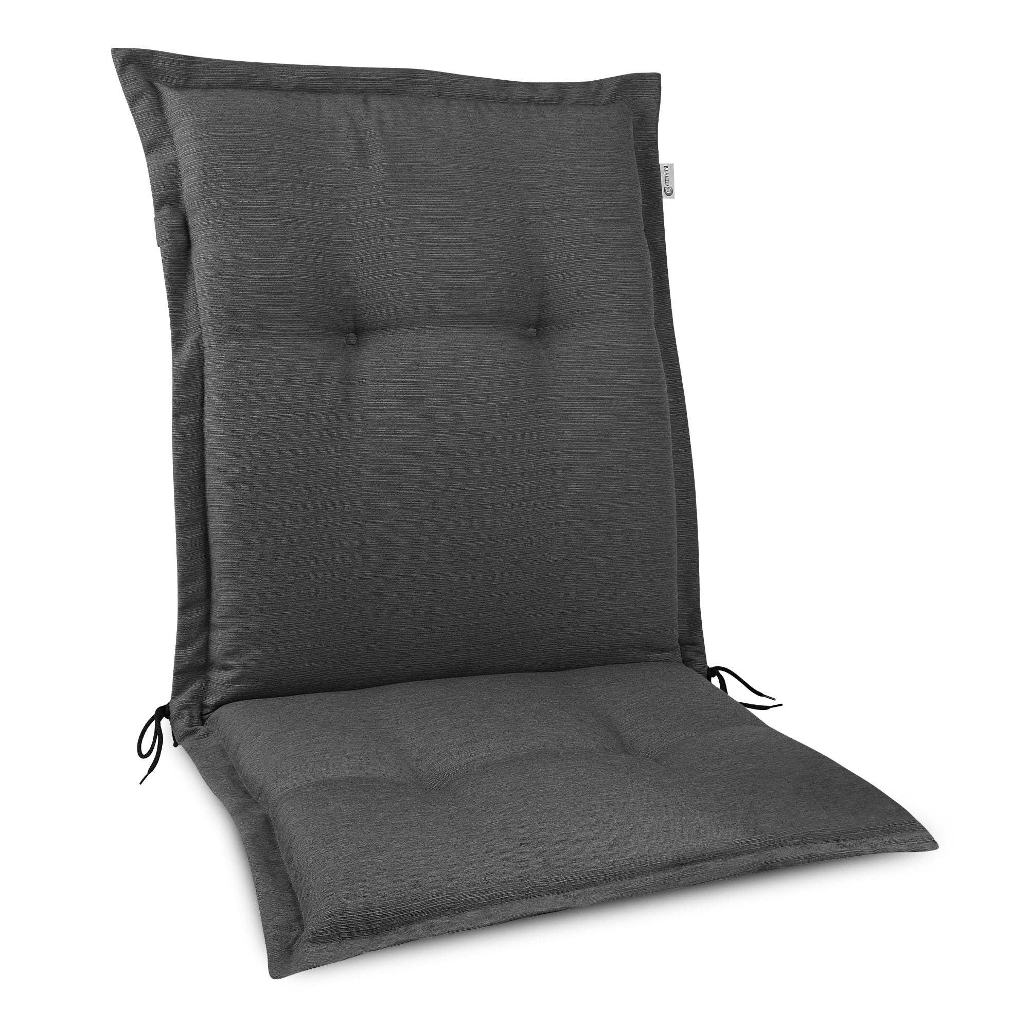 Beautissu HighLux NL garden chair cushion in dark color, 105x50x7cm, featuring high-quality, durable padding with fastening bands for secure attachment.