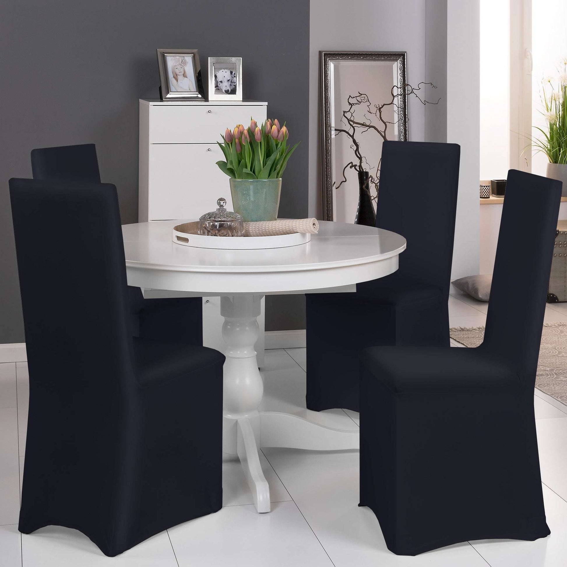 Beautissu 4er Set Stretch Stuhlhusse in Schwarz für Bankettstühle um Esstisch.