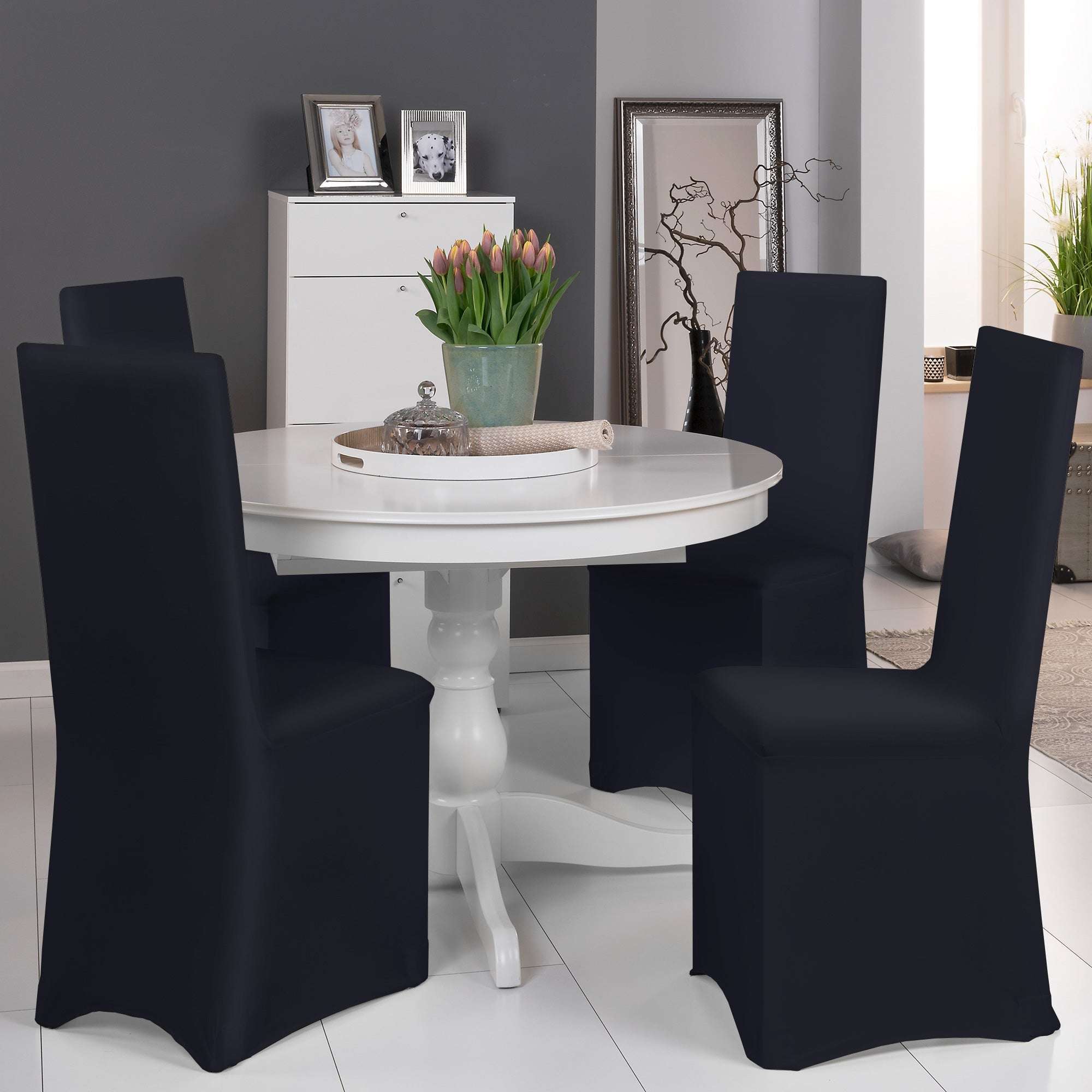 Beautissu 4er Set Stretch Stuhlhusse in Schwarz für Bankettstühle um Esstisch.