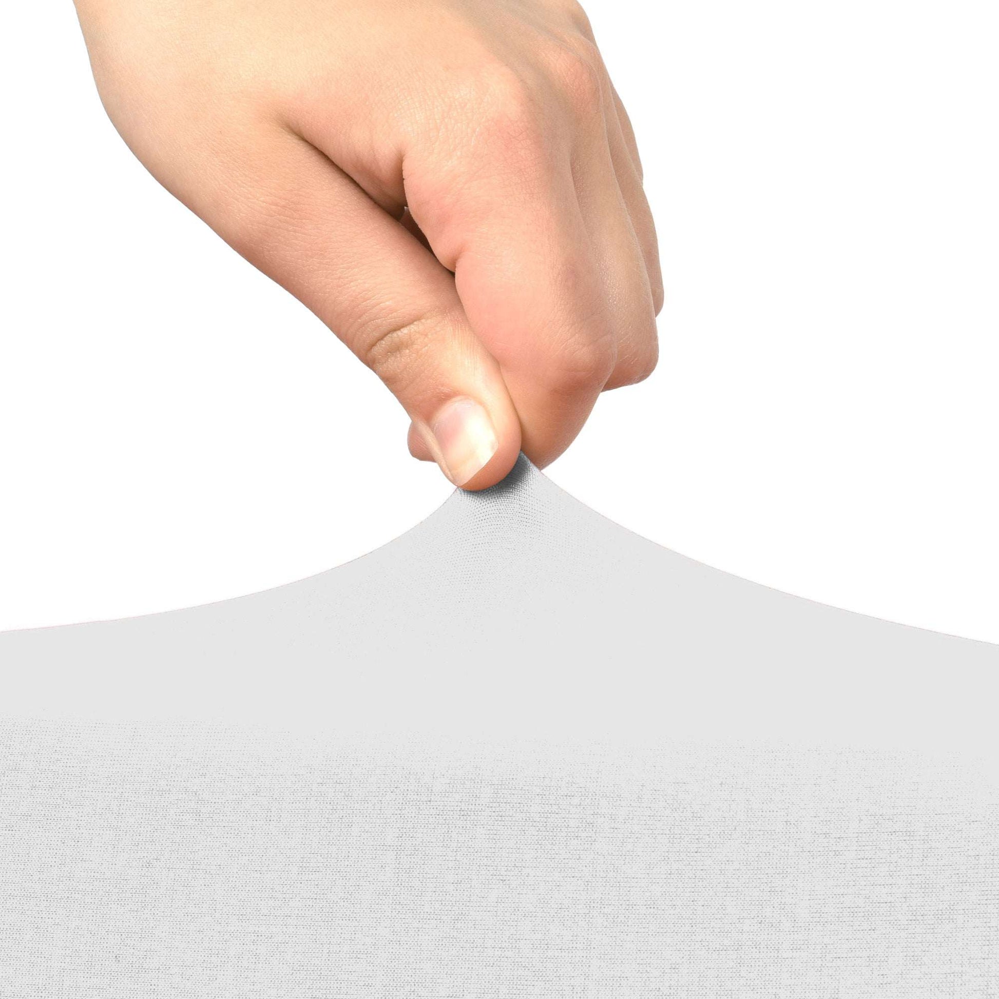 Hand pulling grey Beautissu stretch chair cover fabric, demonstrating elasticity and durability.