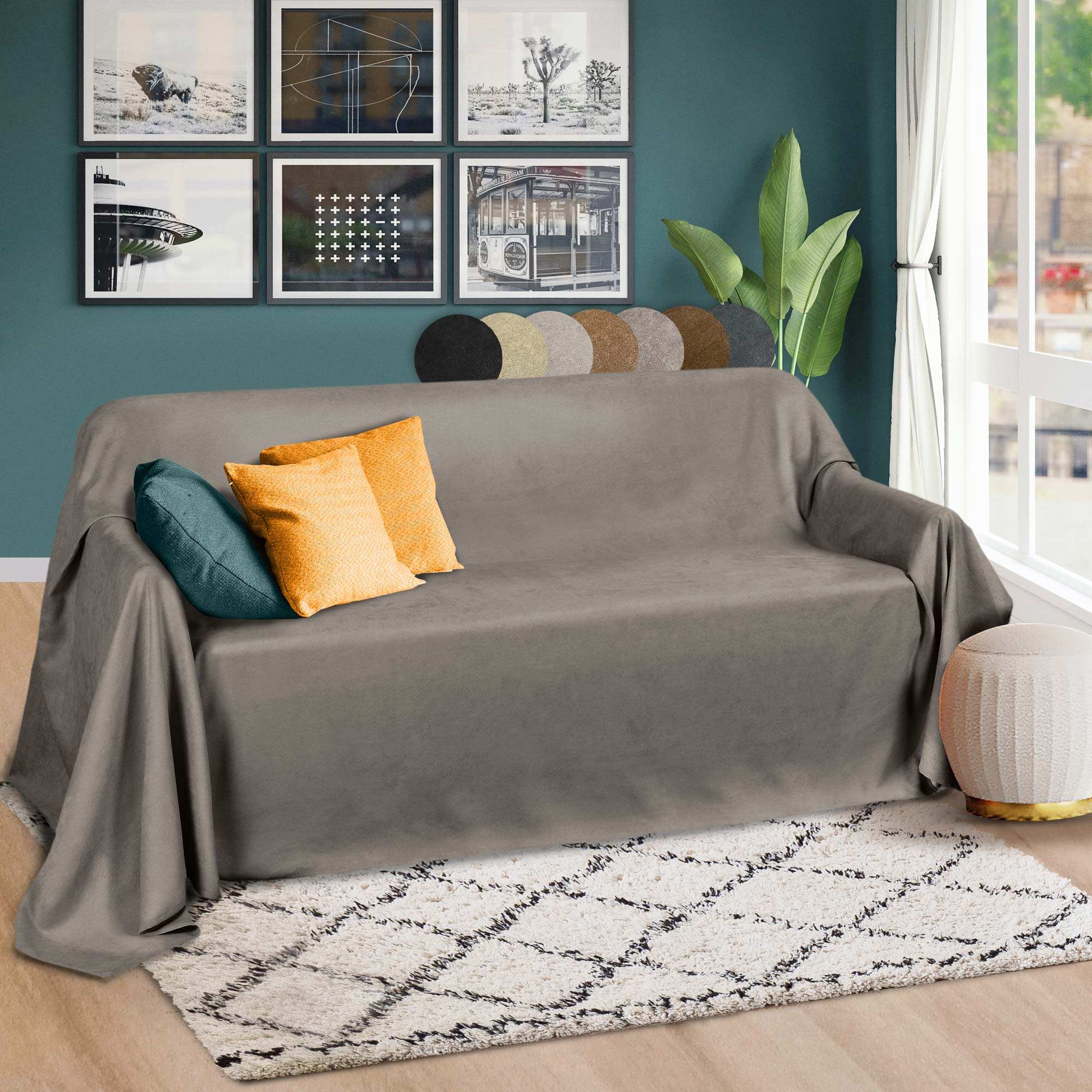 Beautissu Tagesdecke Sofaüberwurf Romantica Wildlederoptik 210x280cm in stylish living room setting.