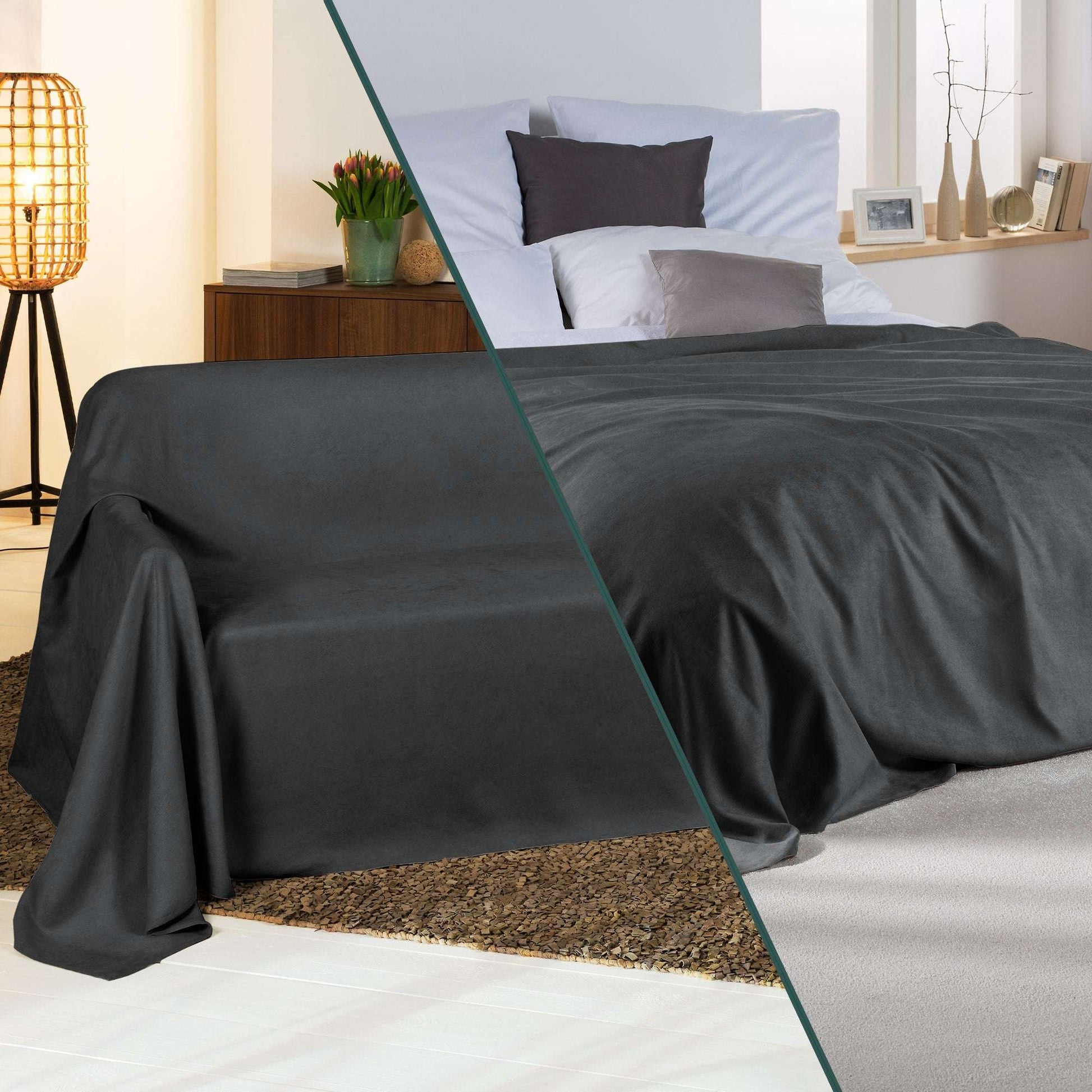 Beautissu Wildlederoptik Tagesdecke Sofaüberwurf Romantica 210x280cm on bed and sofa.