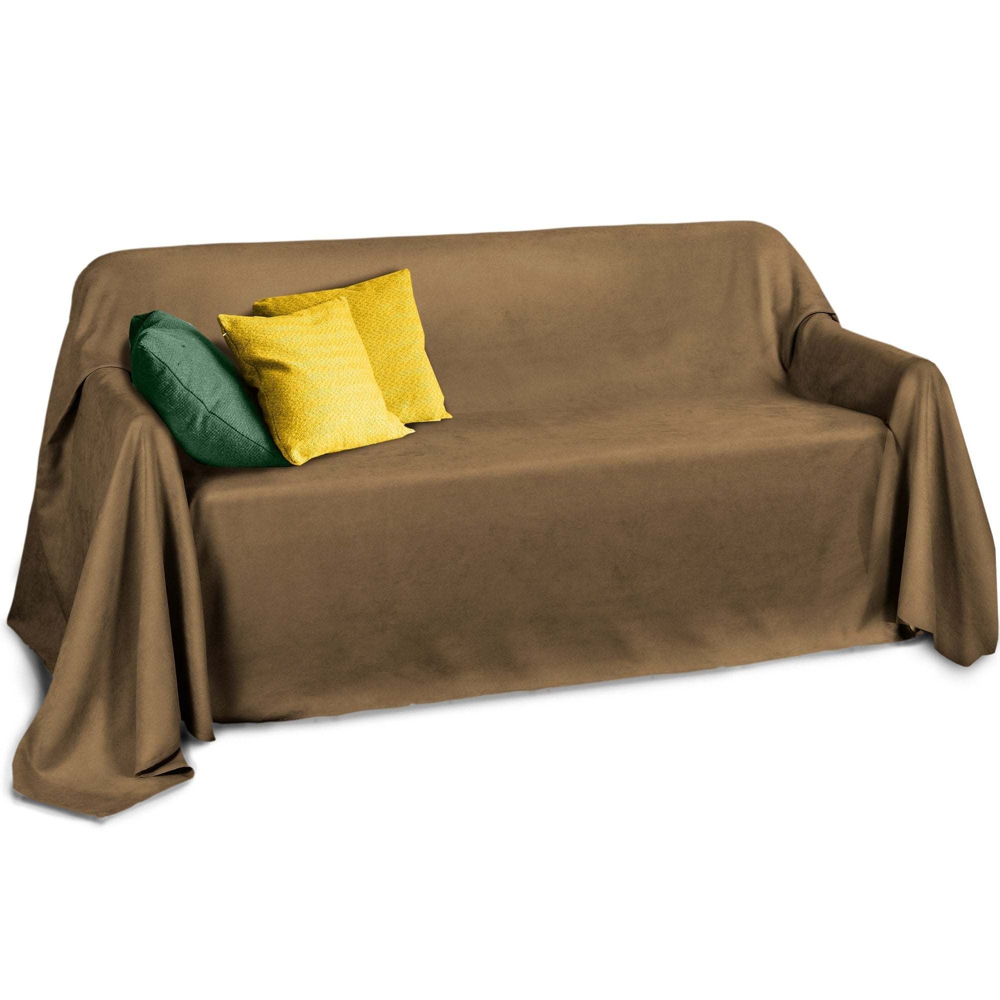 Beautissu Romantica sofa throw in wild leather look, 210x280cm, covering a couch with colorful cushions.