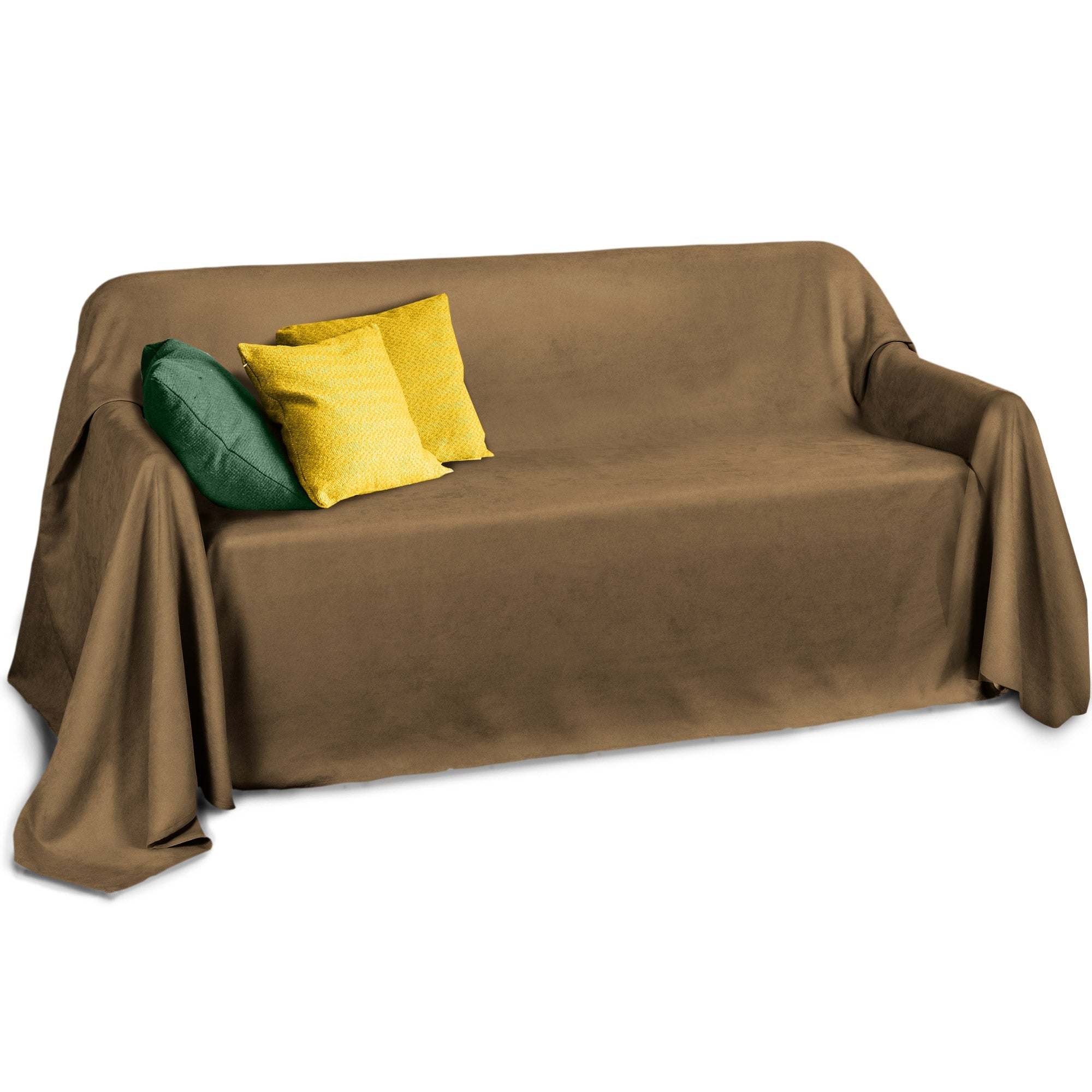 Beautissu Romantica sofa throw in wild leather look, 210x280cm, covering a couch with colorful cushions.