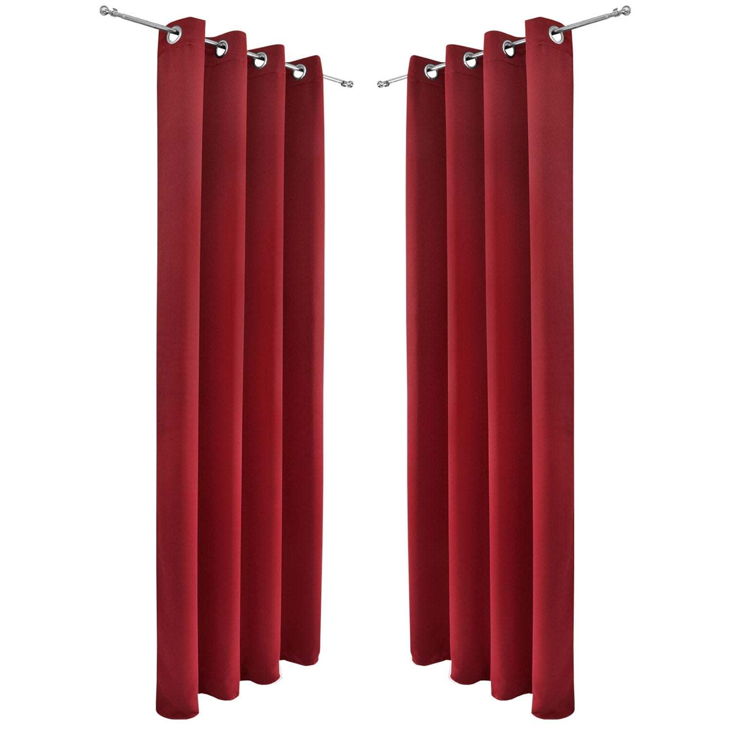 Set of two Beautissu Ösenschal Amelie blackout curtains in red, featuring grommet top, 100% polyester, UV-resistant colors, and complete light blocking.