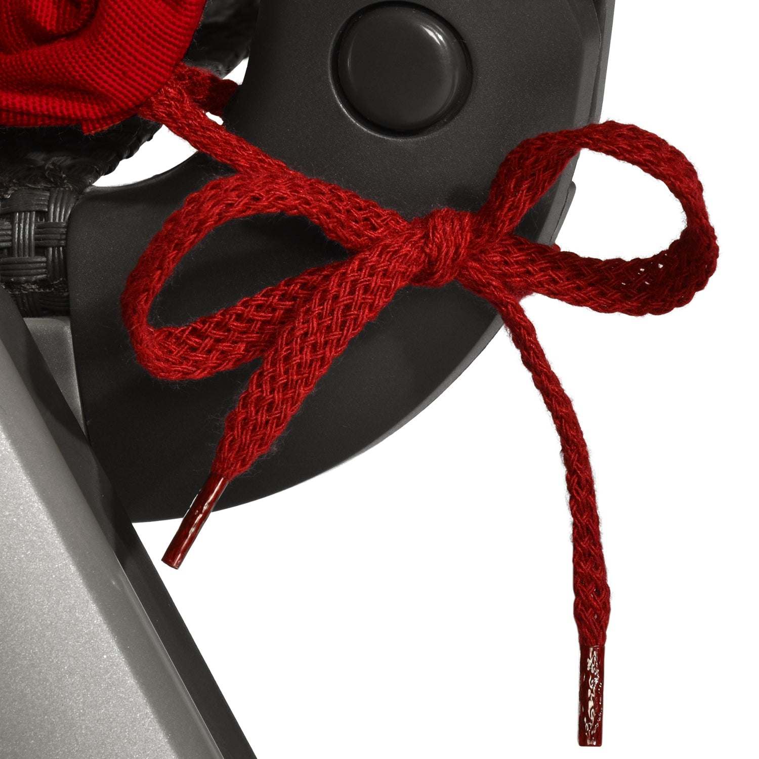 Red tie for securing Beautissu Base HL garden chair cushion on back support.