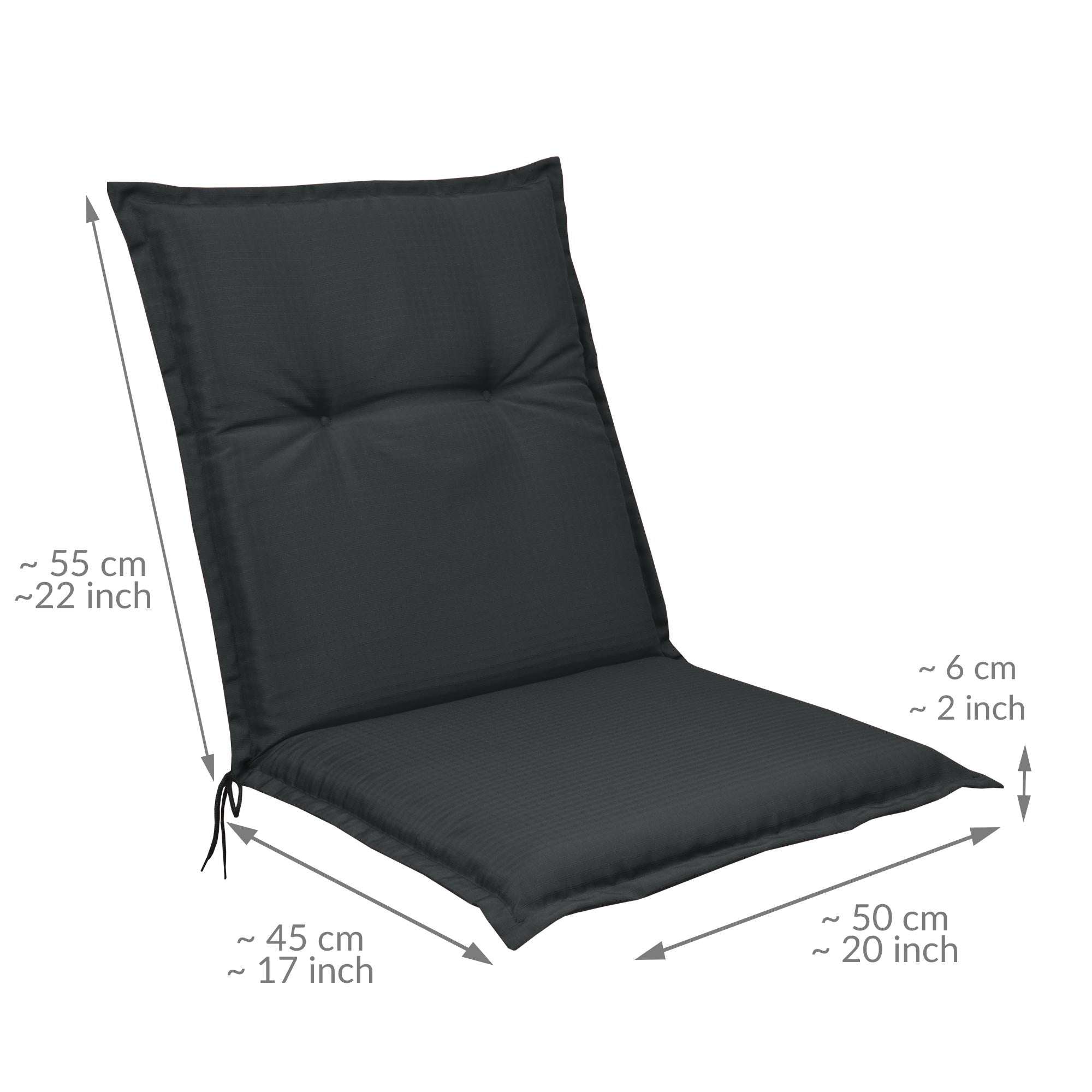 Beautissu Base NL garden chair cushion, 100x50x6 cm, in black with securing ties.