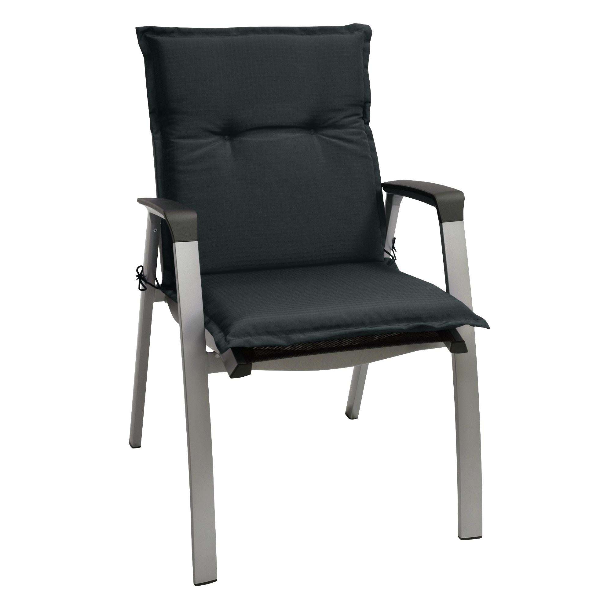 Beautissu Base NL Niedriglehner garden chair cushion in black, 100x50x6 cm, with durable and comfortable padding, featuring fastening bands for secure fit.