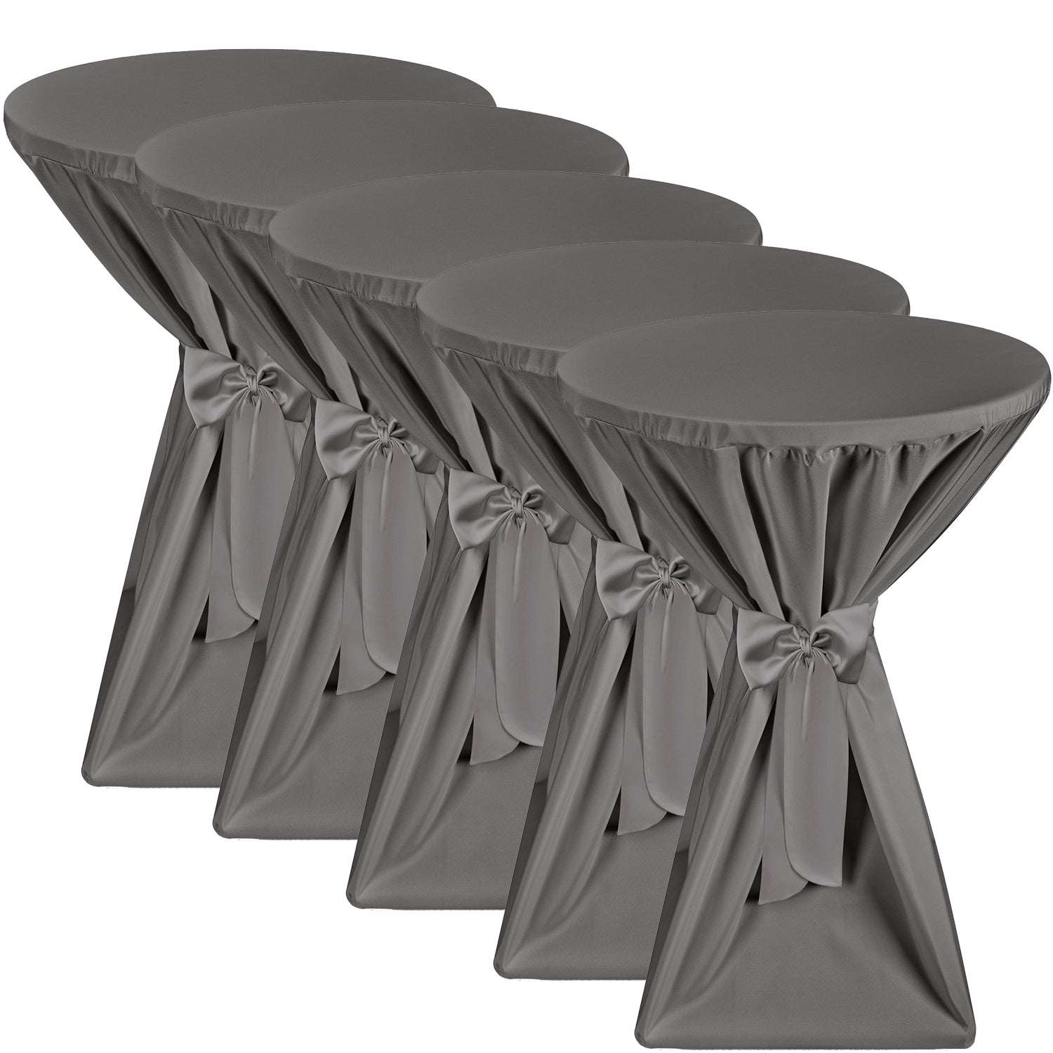 5er Set Beautissu Premium Stehtischhussen in Anthrazit für runde Tische Ø60/70/80 cm, ideal für elegante Veranstaltungen.